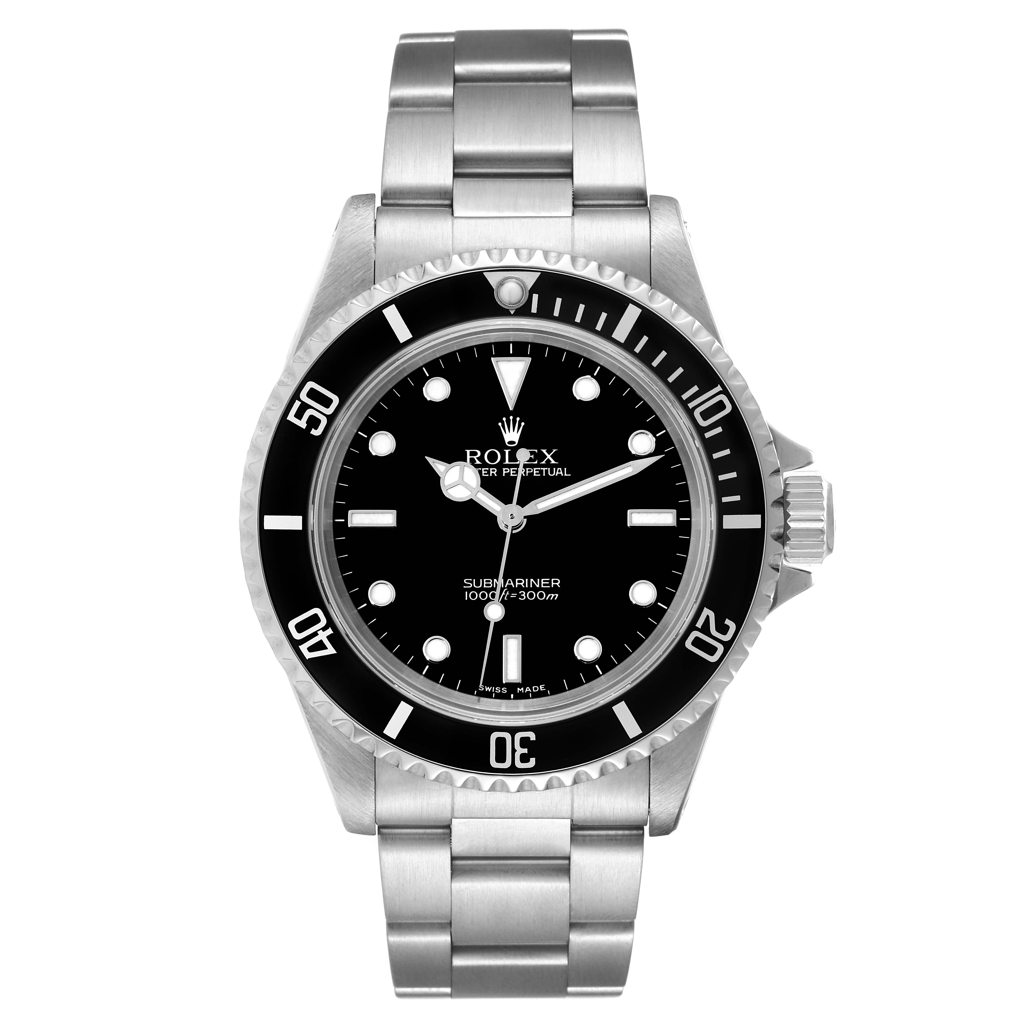 This image shows a front view of a Rolex Submariner 14060 Men
s Stainless Steel Black Dial 14060 Men
s Stainless Steel Black Dial watch, displaying the dial, bezel, and metal bracelet.