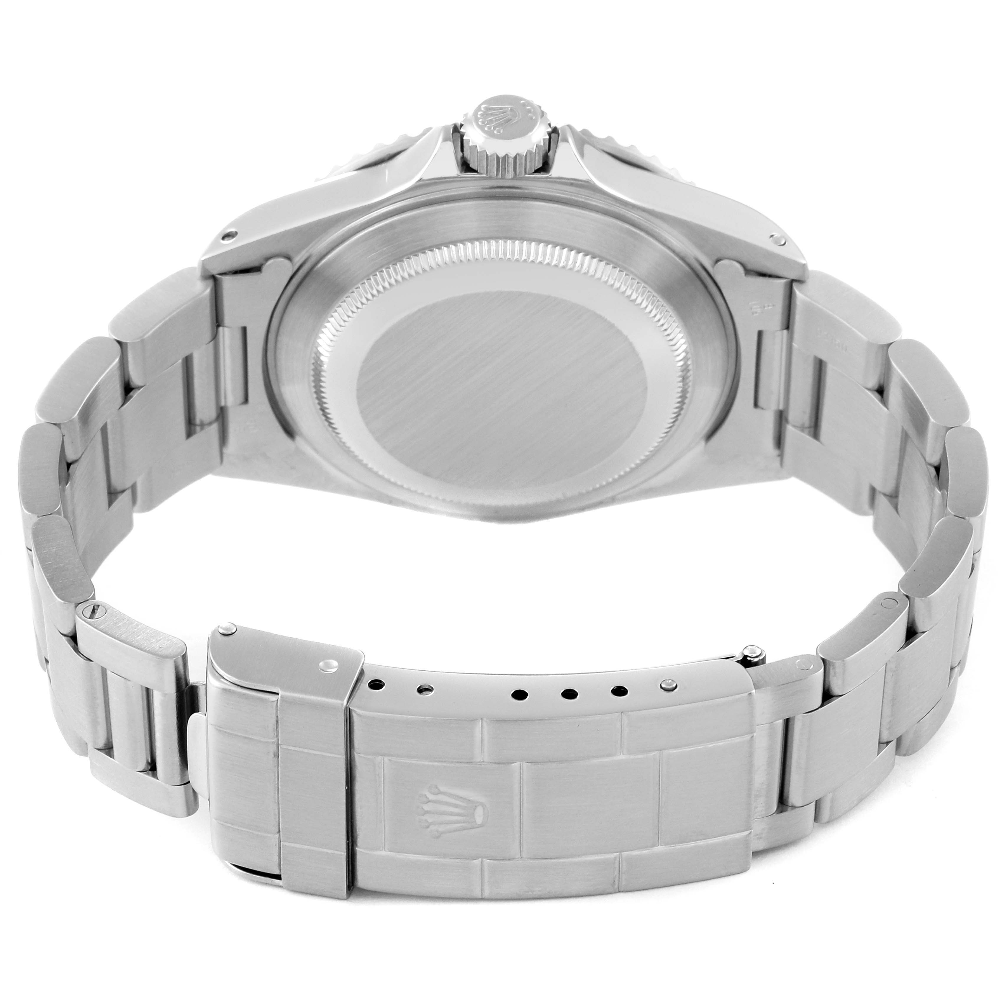 This image shows the back and bracelet of a Rolex Submariner 14060 Men
s Stainless Steel Black Dial 14060 Men
s Stainless Steel Black Dial watch at a slight upward angle.