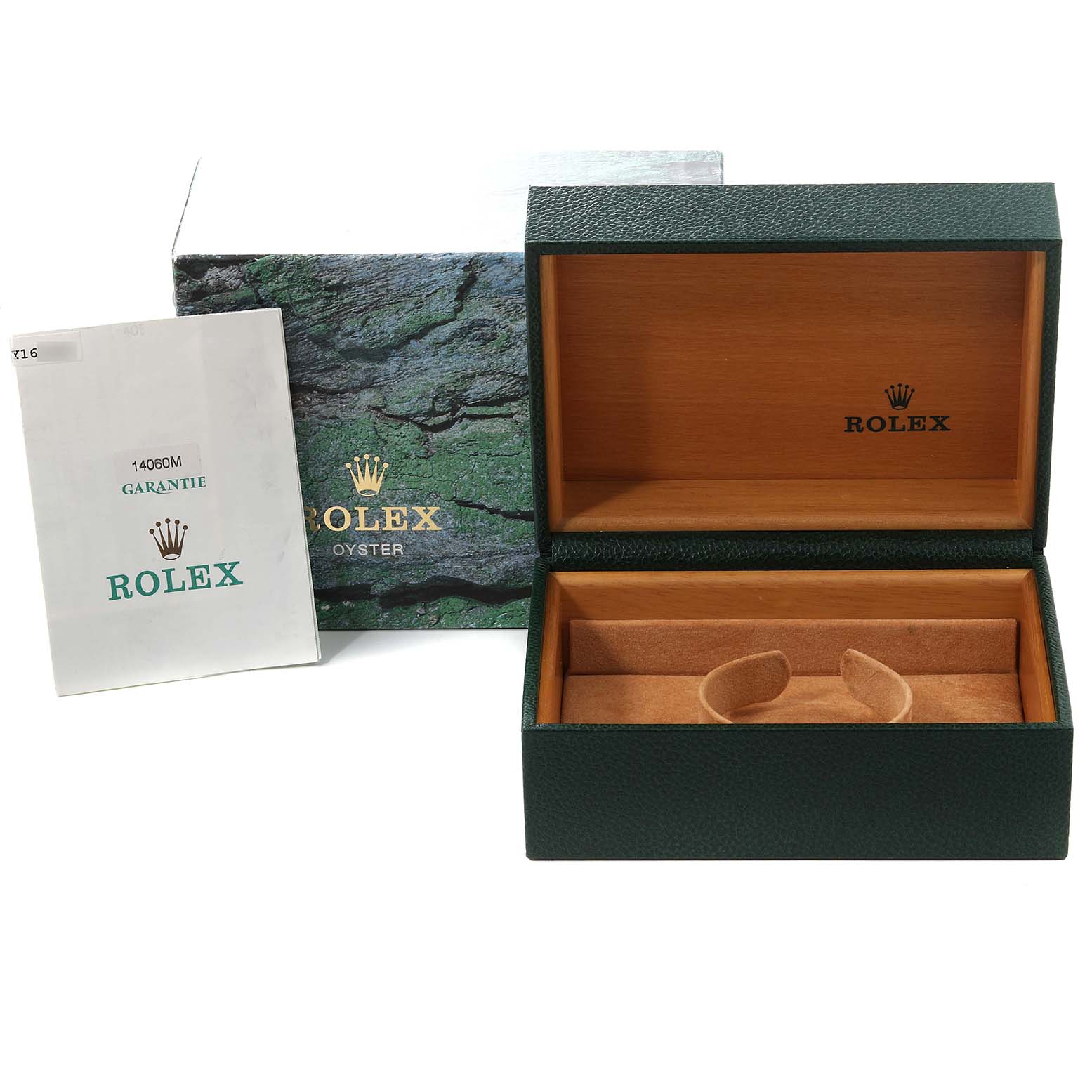 The image shows the packaging accessories for a Rolex Submariner 14060 Men
s Stainless Steel Black Dial 14060 Men
s Stainless Steel Black Dial, including the watch box and guarantee booklet.