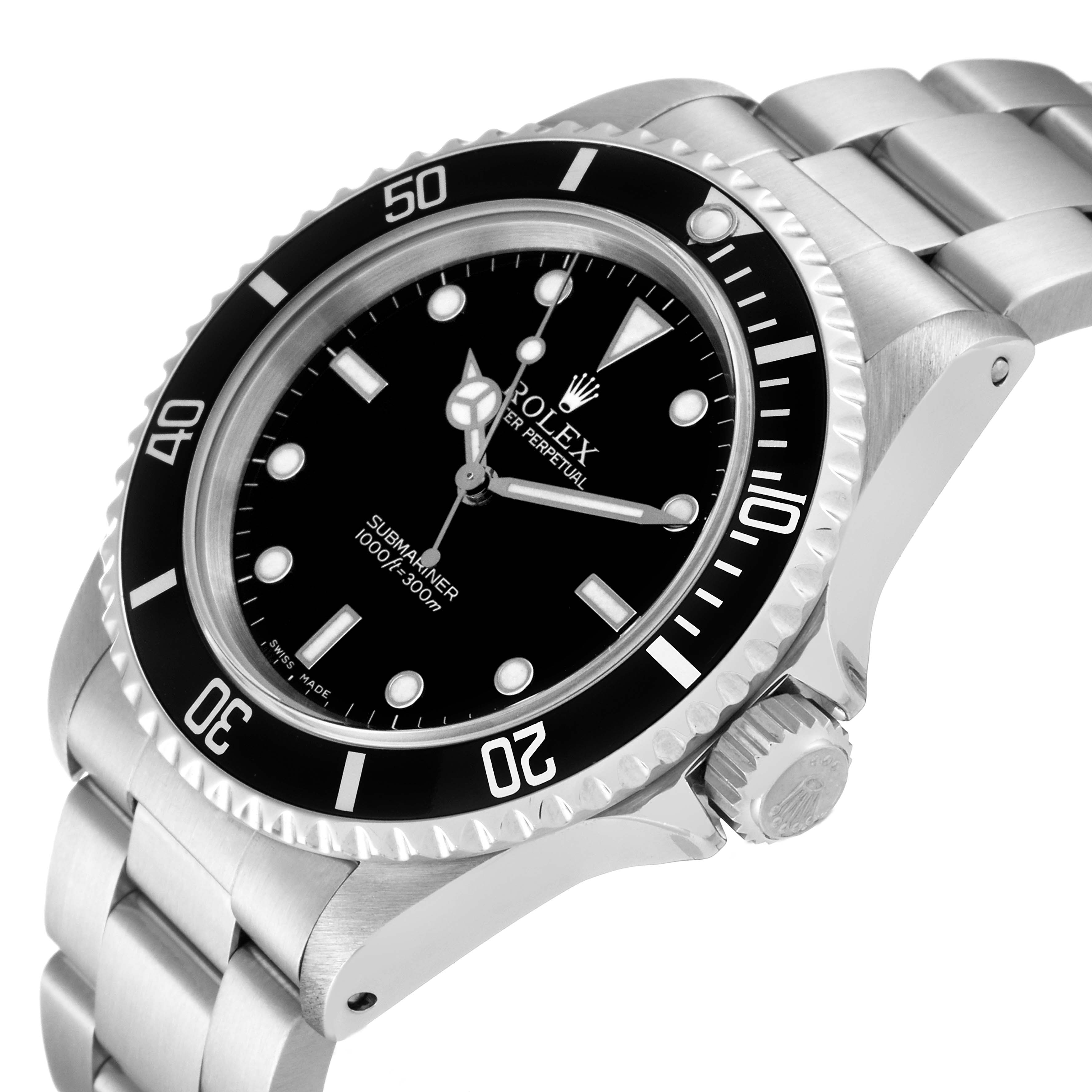The image shows a Rolex Submariner 14060 Men
s Stainless Steel Black Dial 14060 Men
s Stainless Steel Black Dial watch at a slight angle, highlighting the black dial, bezel, crown, and stainless steel bracelet.