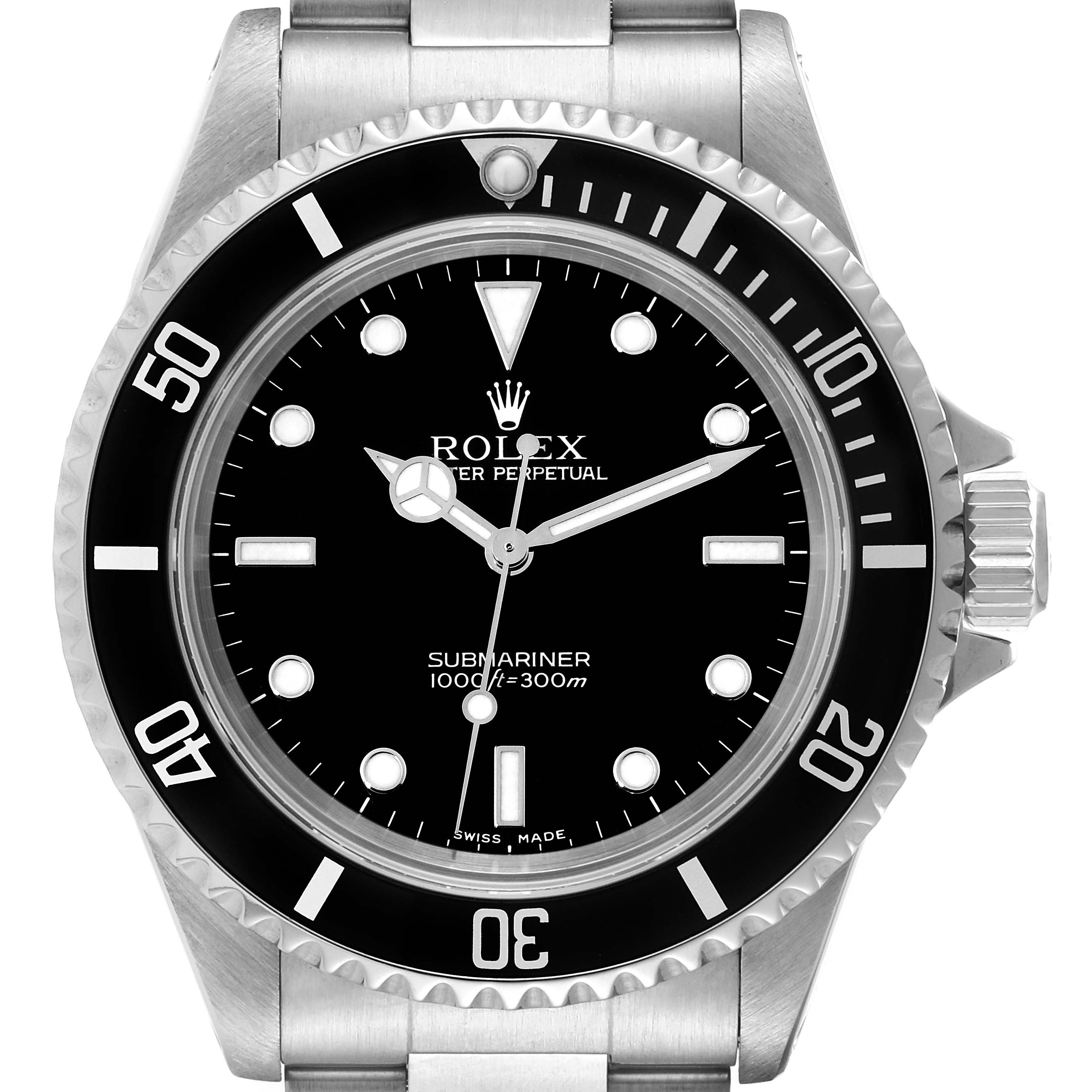 The image shows a front, close-up view of a Rolex Submariner 14060 Men
s Stainless Steel Black Dial 14060 Men
s Stainless Steel Black Dial watch, highlighting its dial, bezel, and crown.