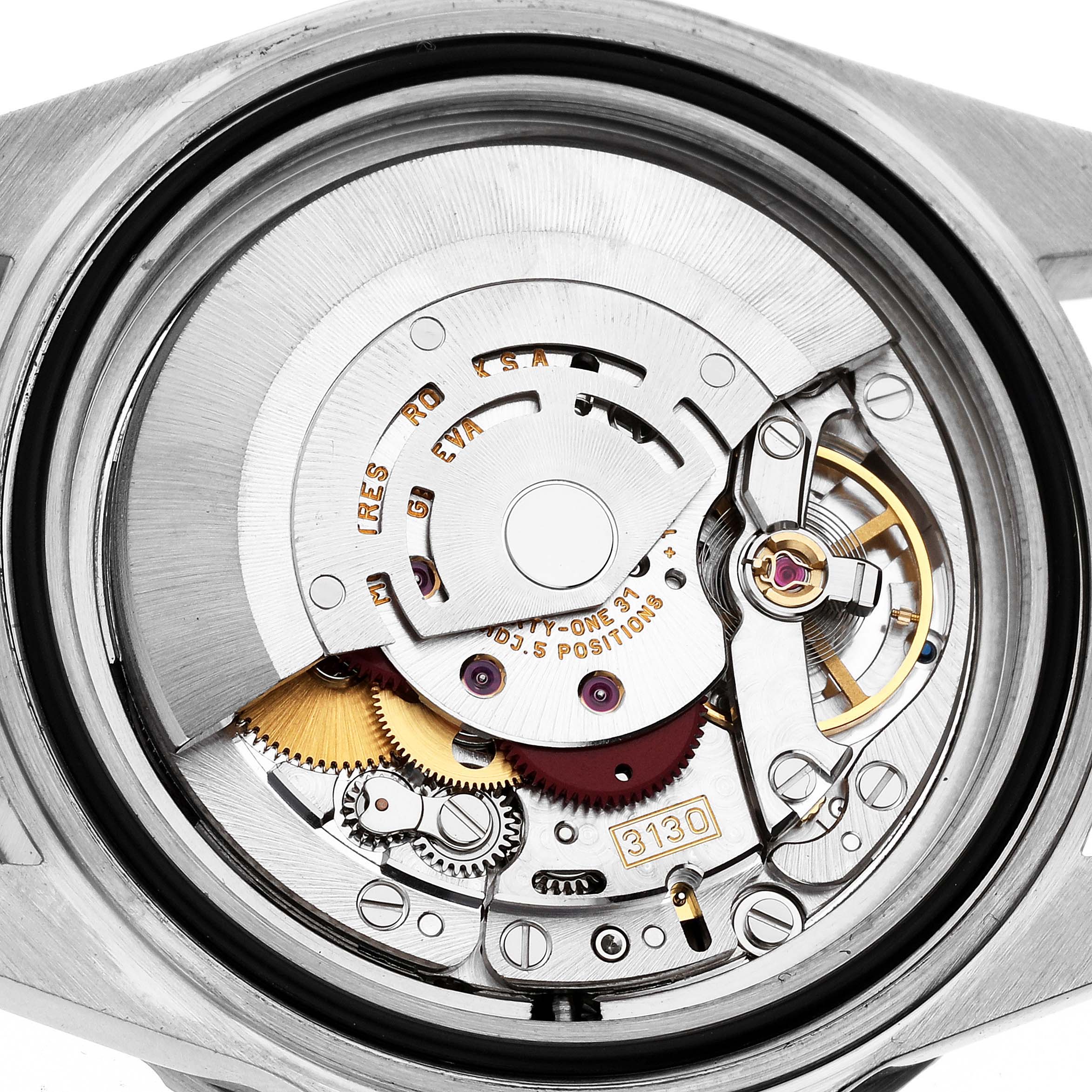 The image shows a close-up view of the intricate movement mechanism inside a Rolex Submariner 14060 Men
s Stainless Steel Black Dial 14060 Men
s Stainless Steel Black Dial watch.