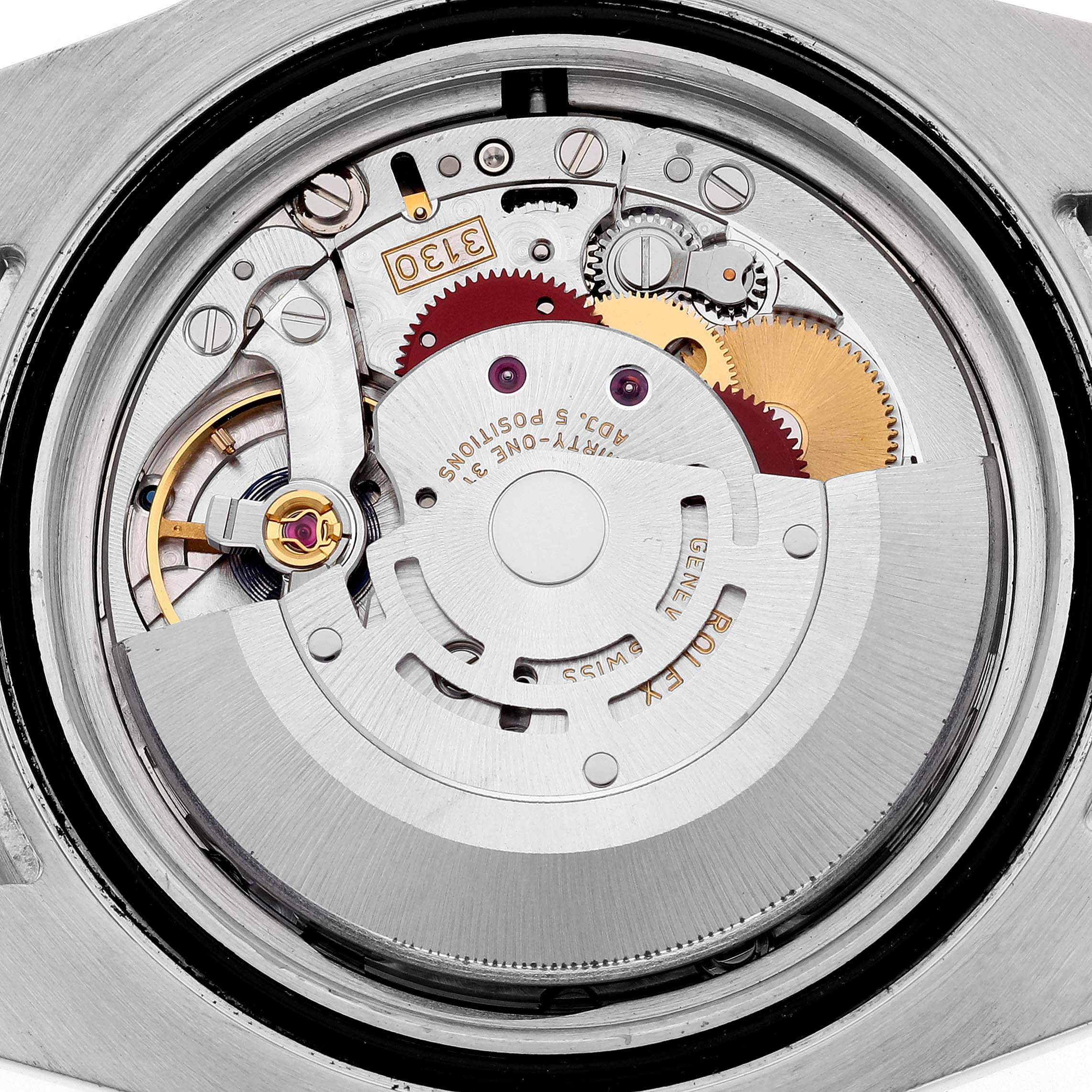 This image shows the intricate movement mechanism of a Rolex Submariner 114060LN Men
s Stainless Steel Black Dial 114060LN Men
s Stainless Steel Black Dial from a top-down angle.