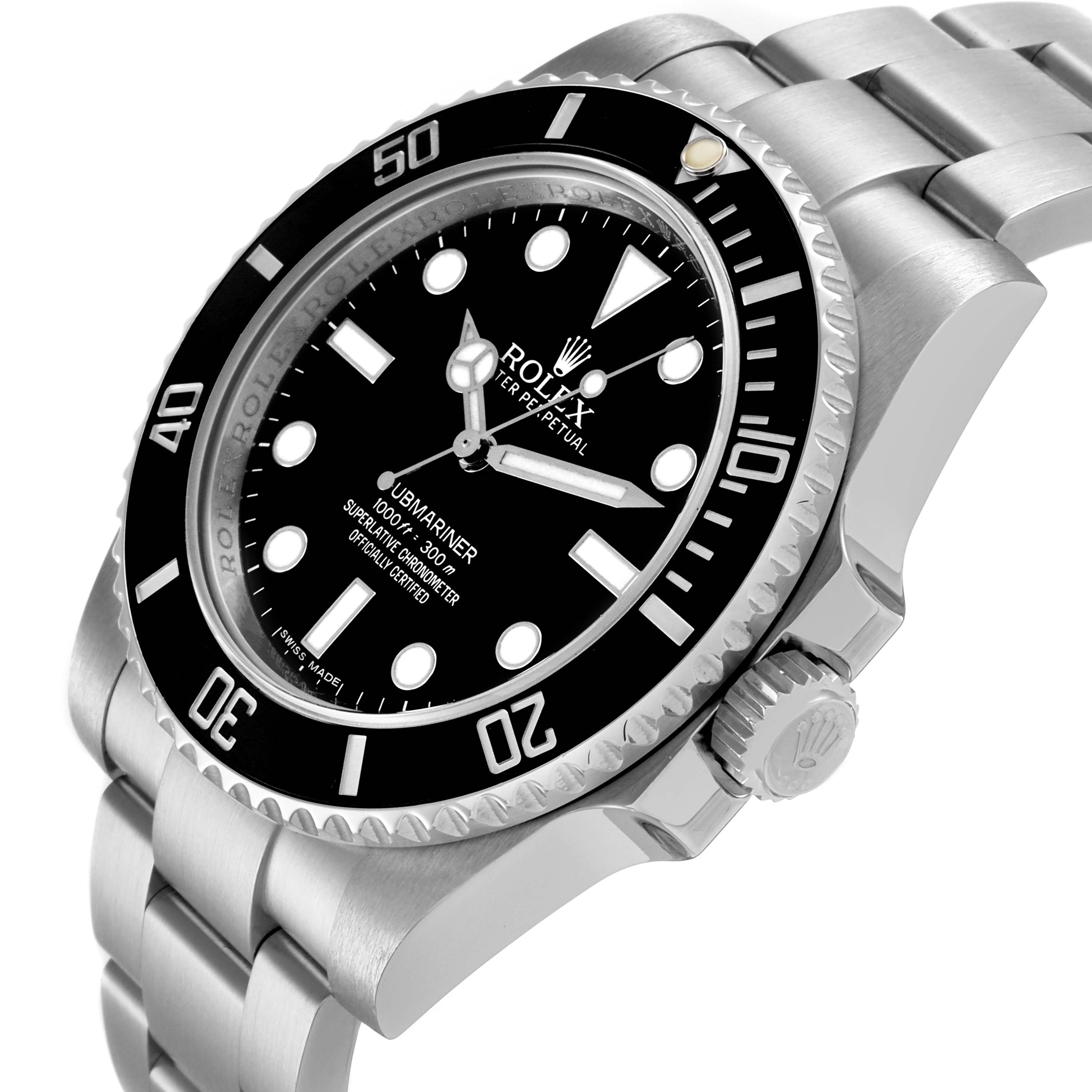 The image shows a Rolex Submariner 114060LN Men
s Stainless Steel Black Dial 114060LN Men
s Stainless Steel Black Dial at an angled side view, highlighting the bezel, dial, and bracelet.