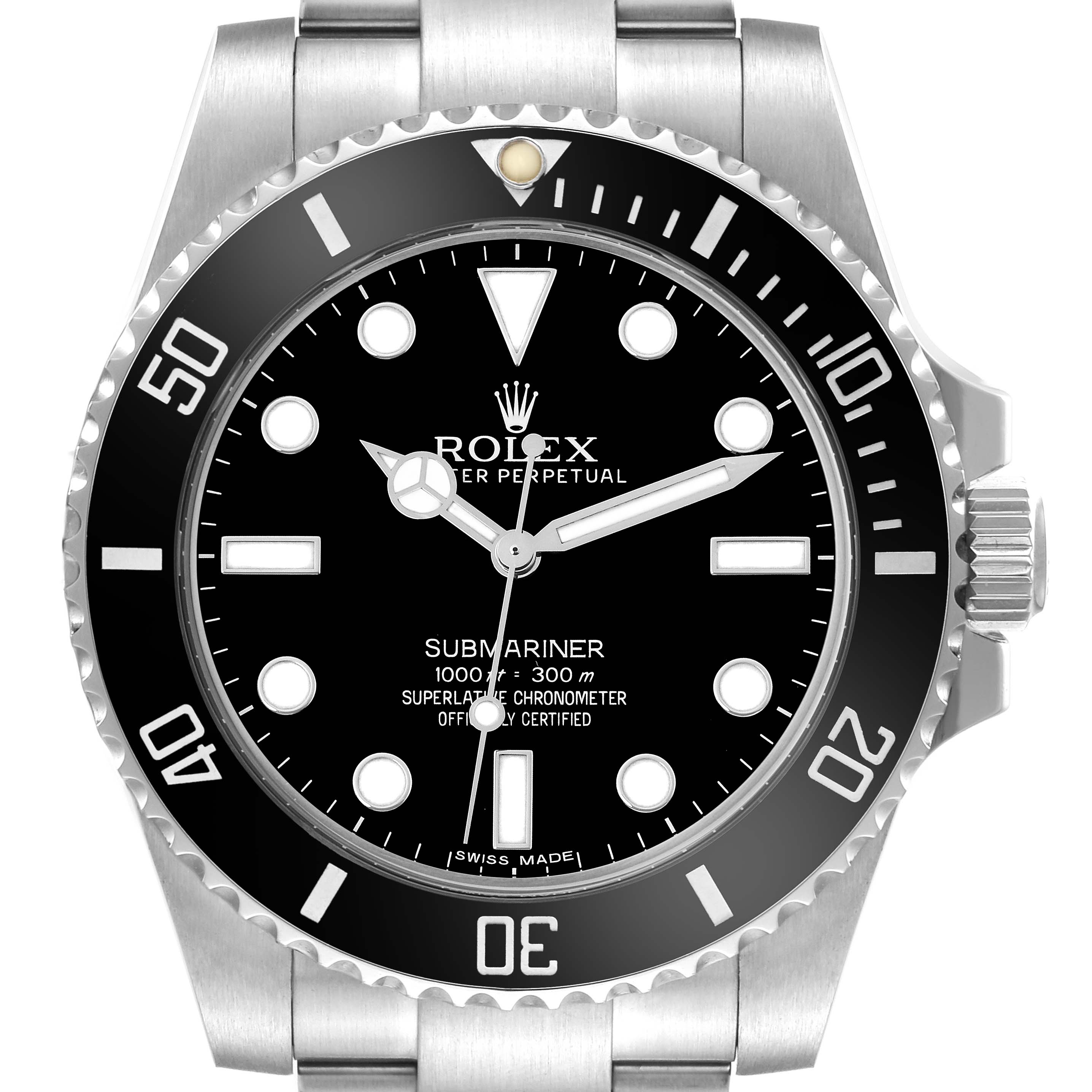 The Rolex Submariner 114060LN Men
s Stainless Steel Black Dial 114060LN Men
s Stainless Steel Black Dial watch is shown from the front, highlighting the dial, bezel, and bracelet.