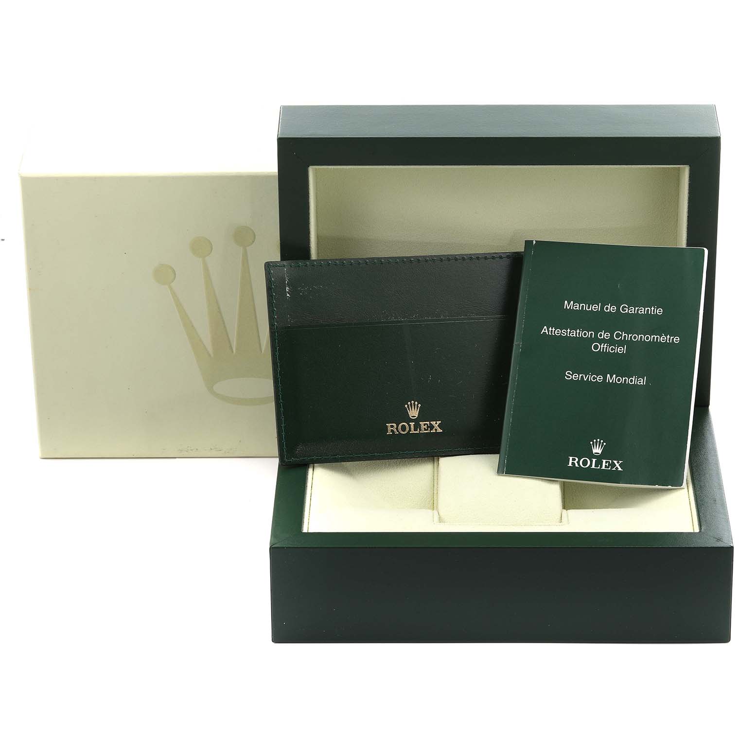 The image shows the open packaging, warranty booklet, and cardholder for a Rolex Submariner 114060LN Men
s Stainless Steel Black Dial 114060LN Men
s Stainless Steel Black Dial watch.