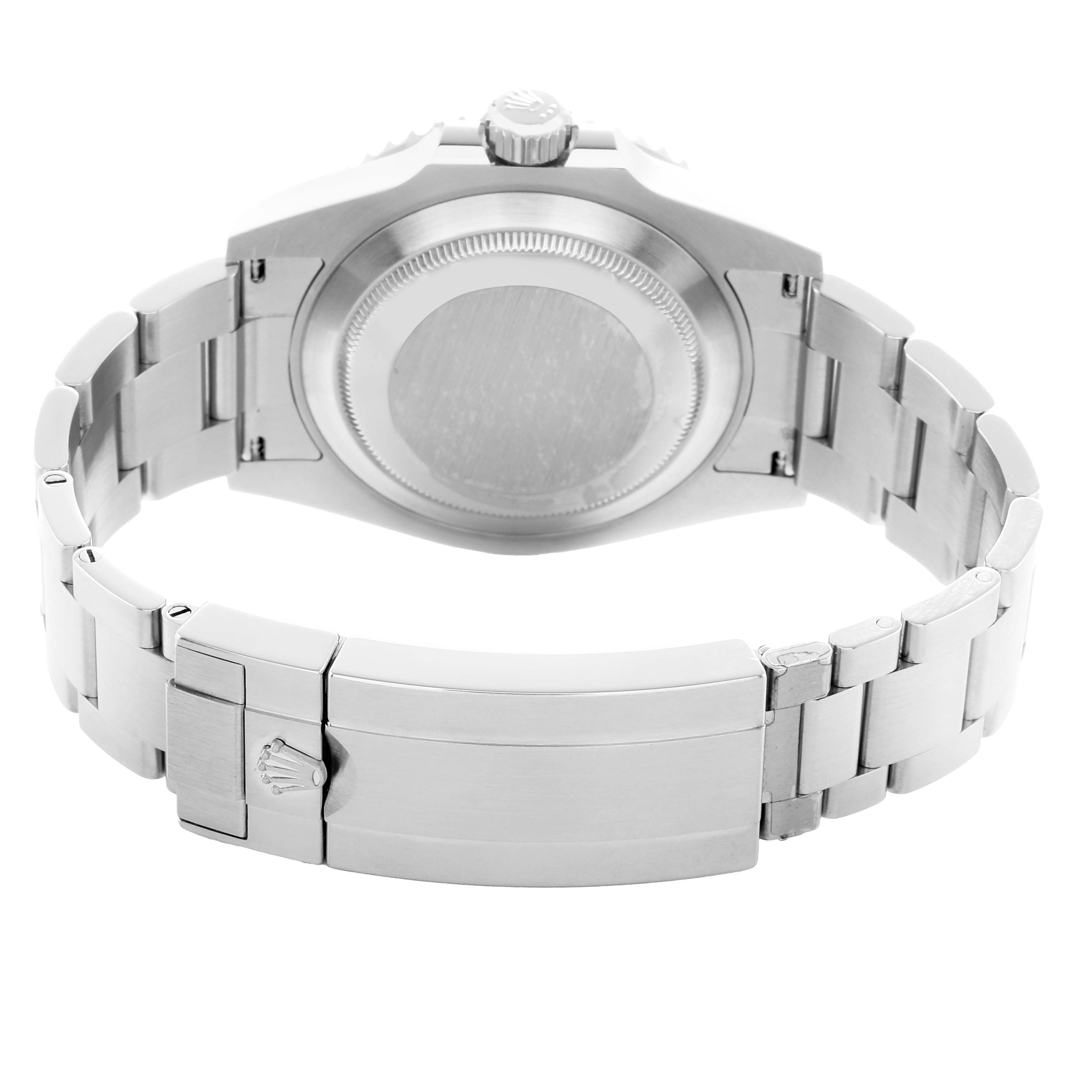 The image shows the back view of a Rolex Submariner 126610 Men
s Stainless Steel Black Dial, highlighting the bracelet, clasp, and case back.