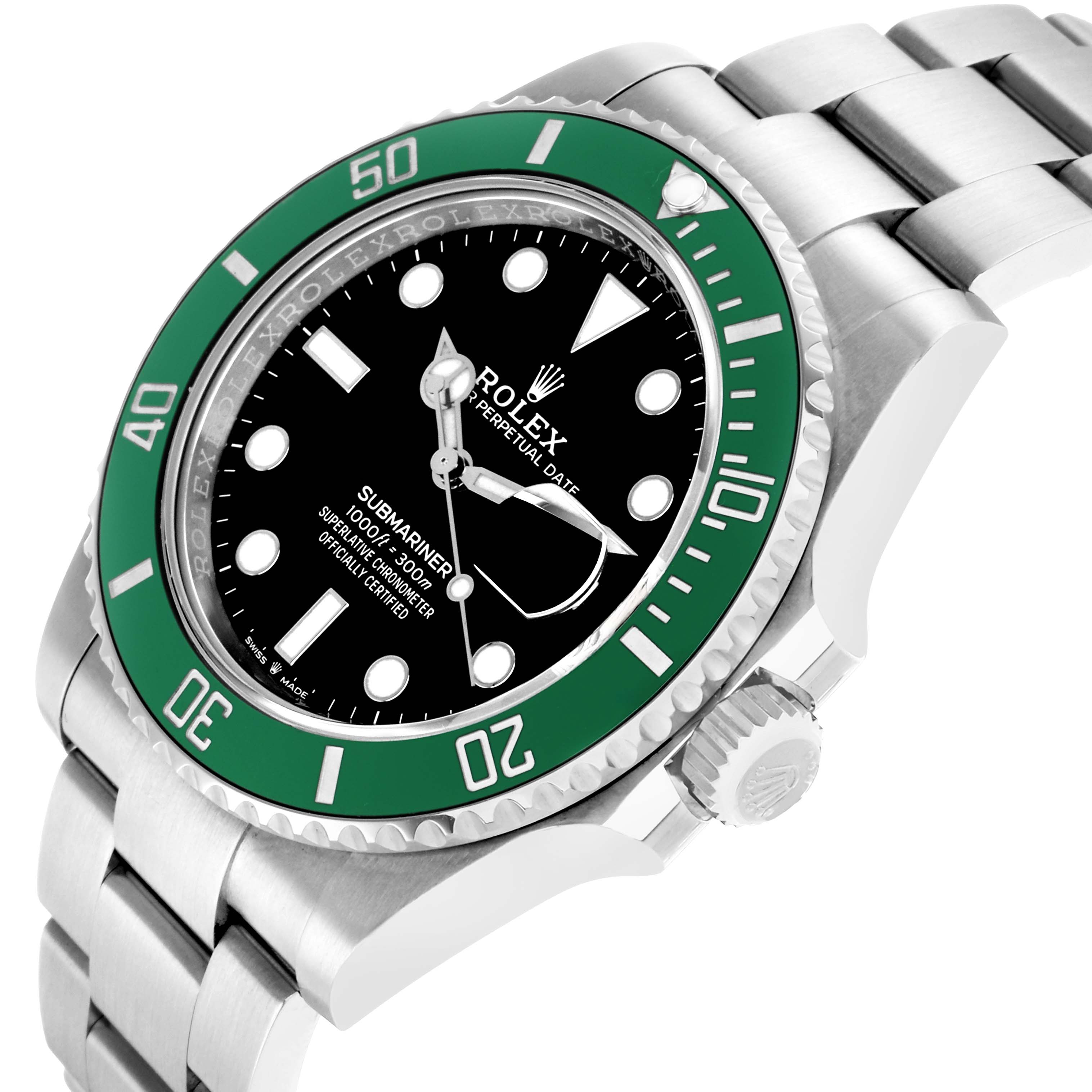 The Rolex Submariner 126610 Men
s Stainless Steel Black Dial is shown at an angled side view, highlighting the green bezel, black dial, crown, and stainless steel bracelet.