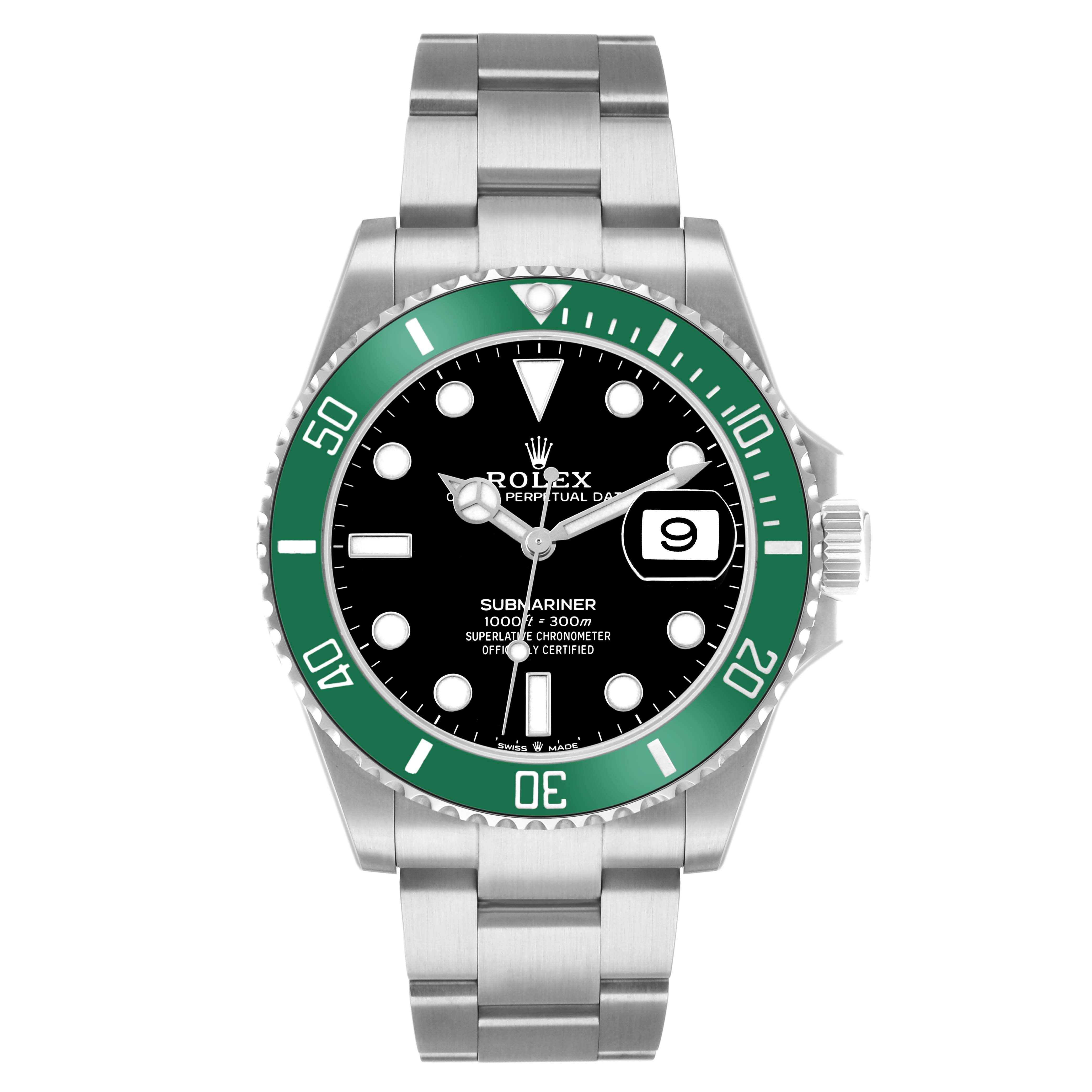 The Rolex Submariner 126610 Men
s Stainless Steel Black Dial is shown from a front angle, highlighting its green bezel, black dial, and stainless steel bracelet.