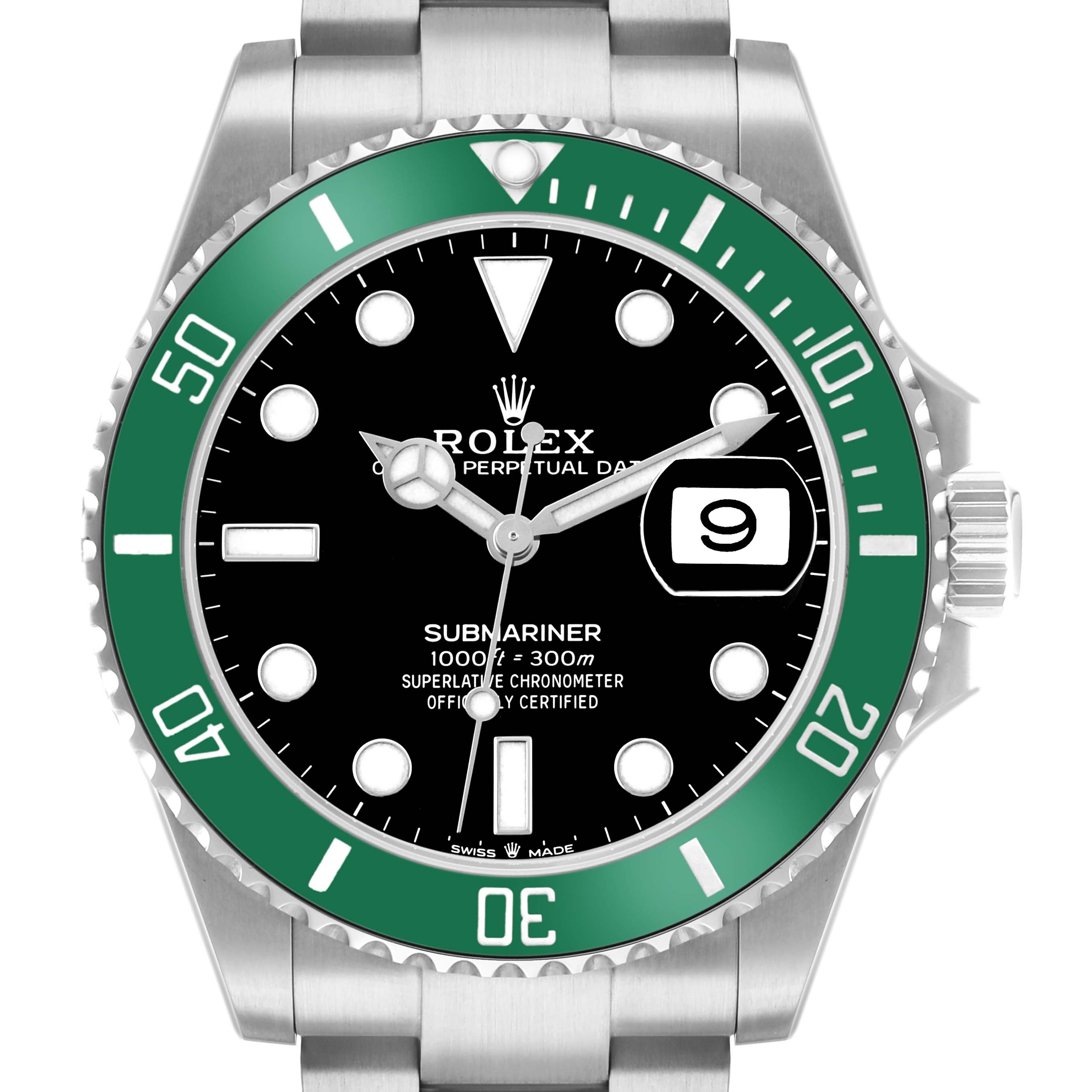 The Rolex Submariner 126610 Men
s Stainless Steel Black Dial watch is shown from a top-down angle, highlighting the dial, bezel, crown, and part of the bracelet.