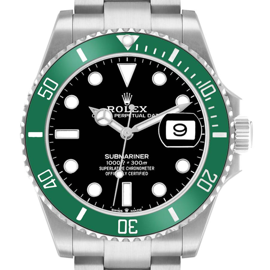 The Rolex Submariner 126610 Men's Stainless Steel Black Dial watch is shown from a top-down angle, highlighting the dial, bezel, crown, and part of the bracelet.