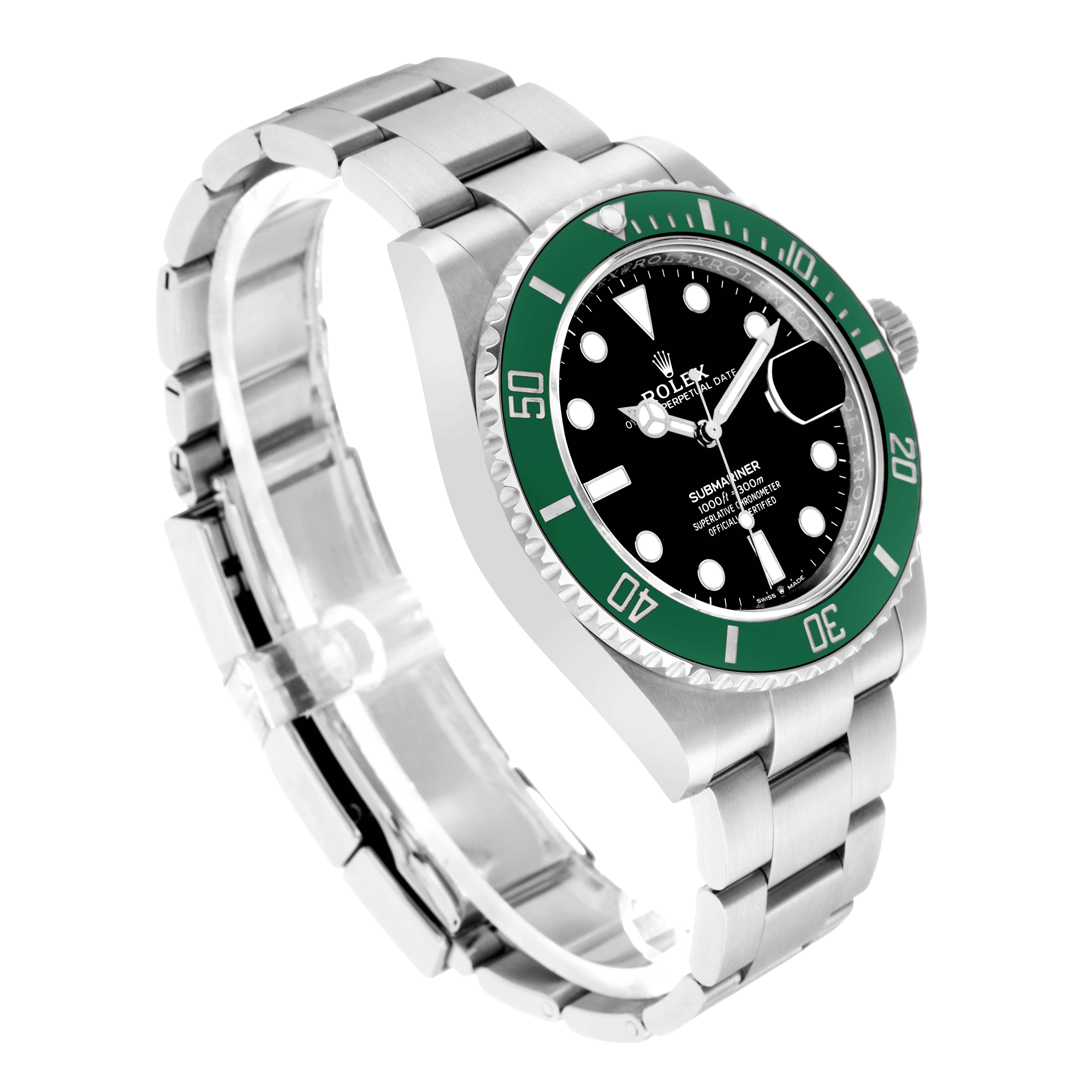 The Rolex Submariner 126610 Men
s Stainless Steel Black Dial watch is shown at a three-quarter angle, highlighting the green bezel, black dial, and bracelet.