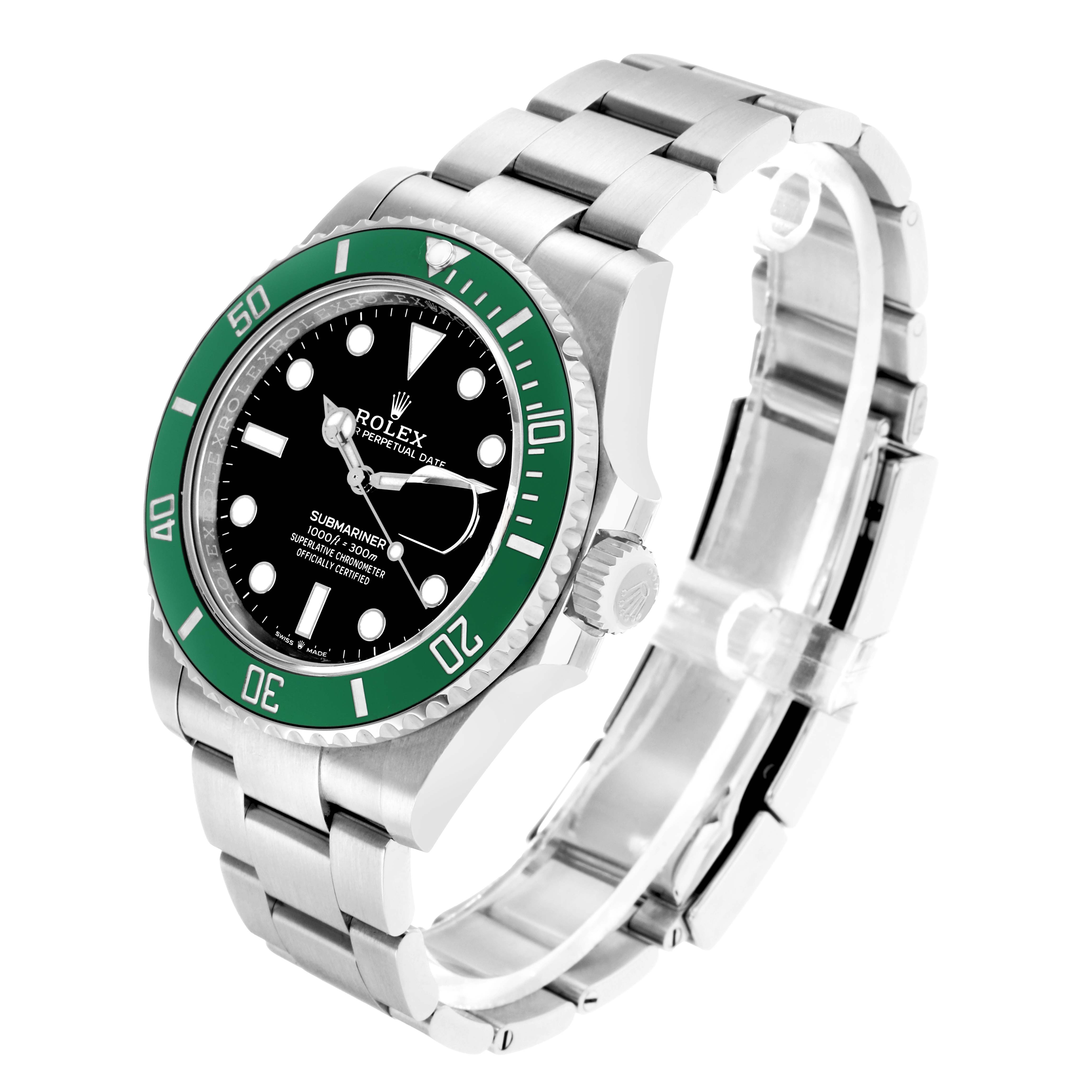 The Rolex Submariner 126610 Men
s Stainless Steel Black Dial watch is shown at a three-quarter angle, highlighting the dial, bezel, crown, and bracelet links.