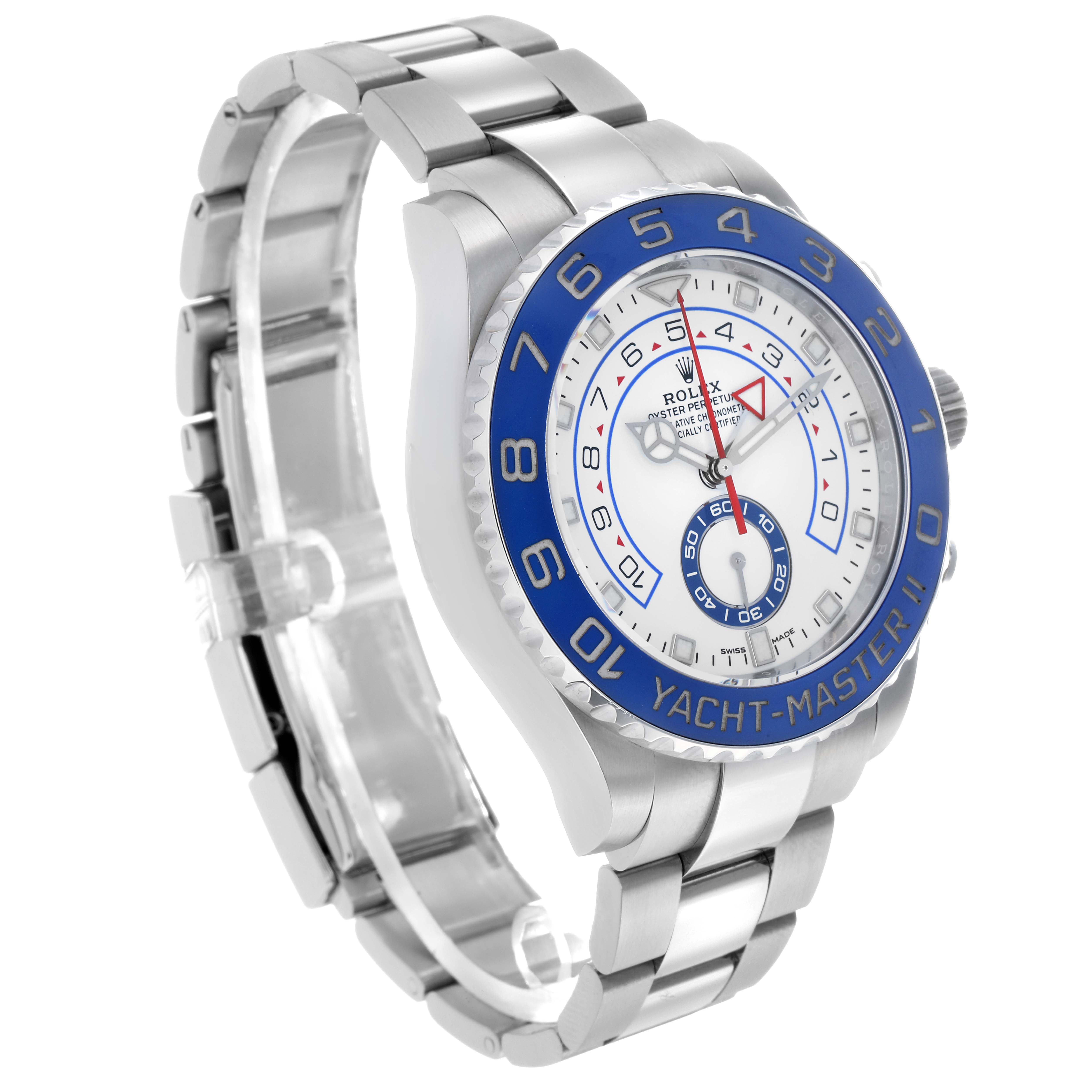 The Rolex Yacht-Master 116680 Men
s Stainless Steel White Dial watch is shown at an angle displaying the face, bezel, and bracelet.