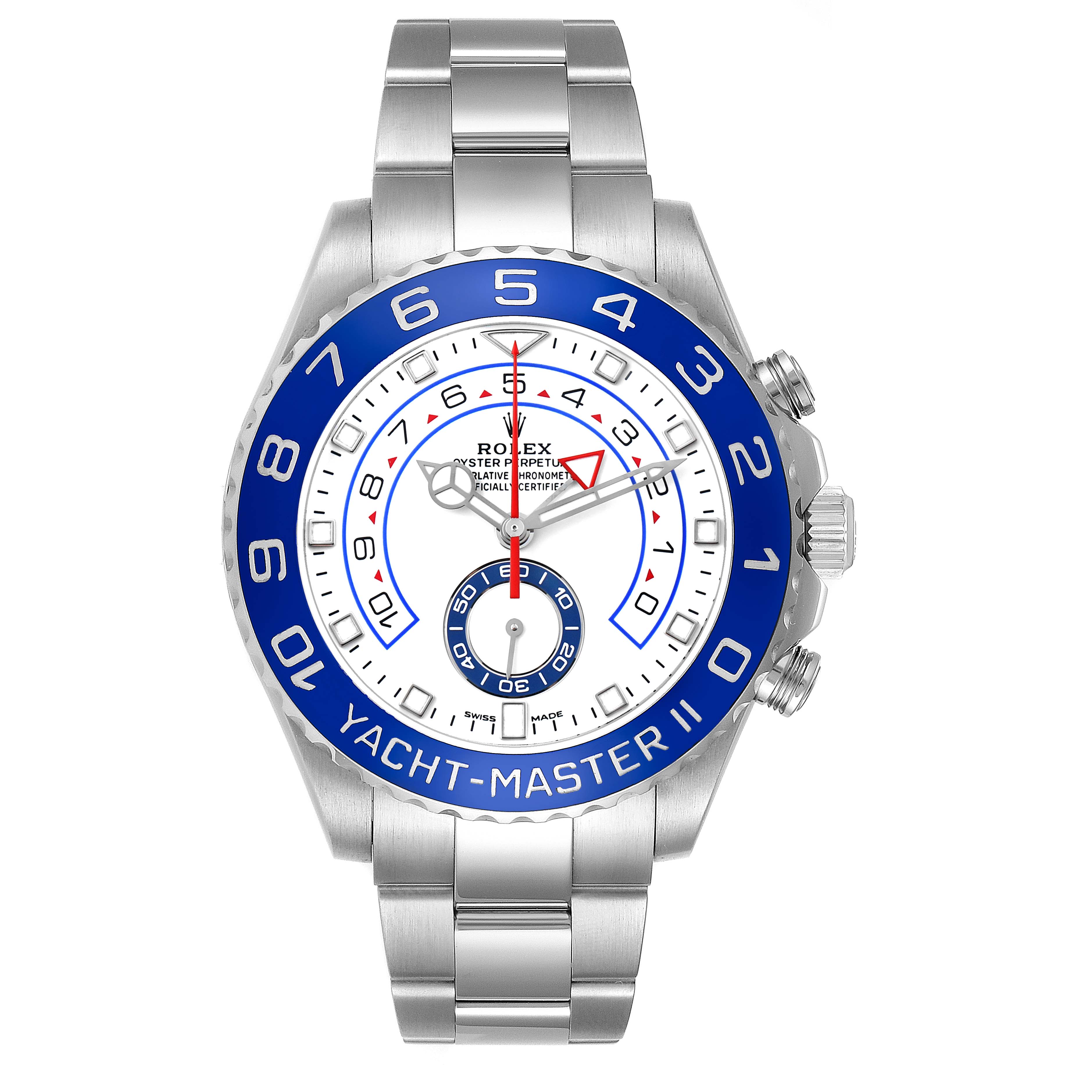 The Rolex Yacht-Master 116680 Men
s Stainless Steel White Dial watch is shown from the front, displaying the face, bezel, crown, and bracelet.