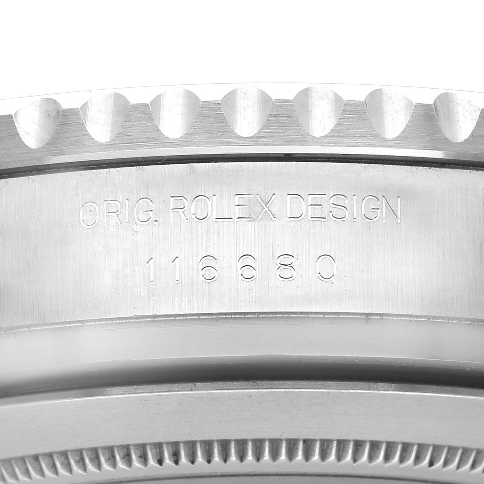 The image shows a close-up side view of the bezel and case edge of the Rolex Yacht-Master 116680 Men
s Stainless Steel White Dial, displaying "ORIG. ROLEX DESIGN 116680."