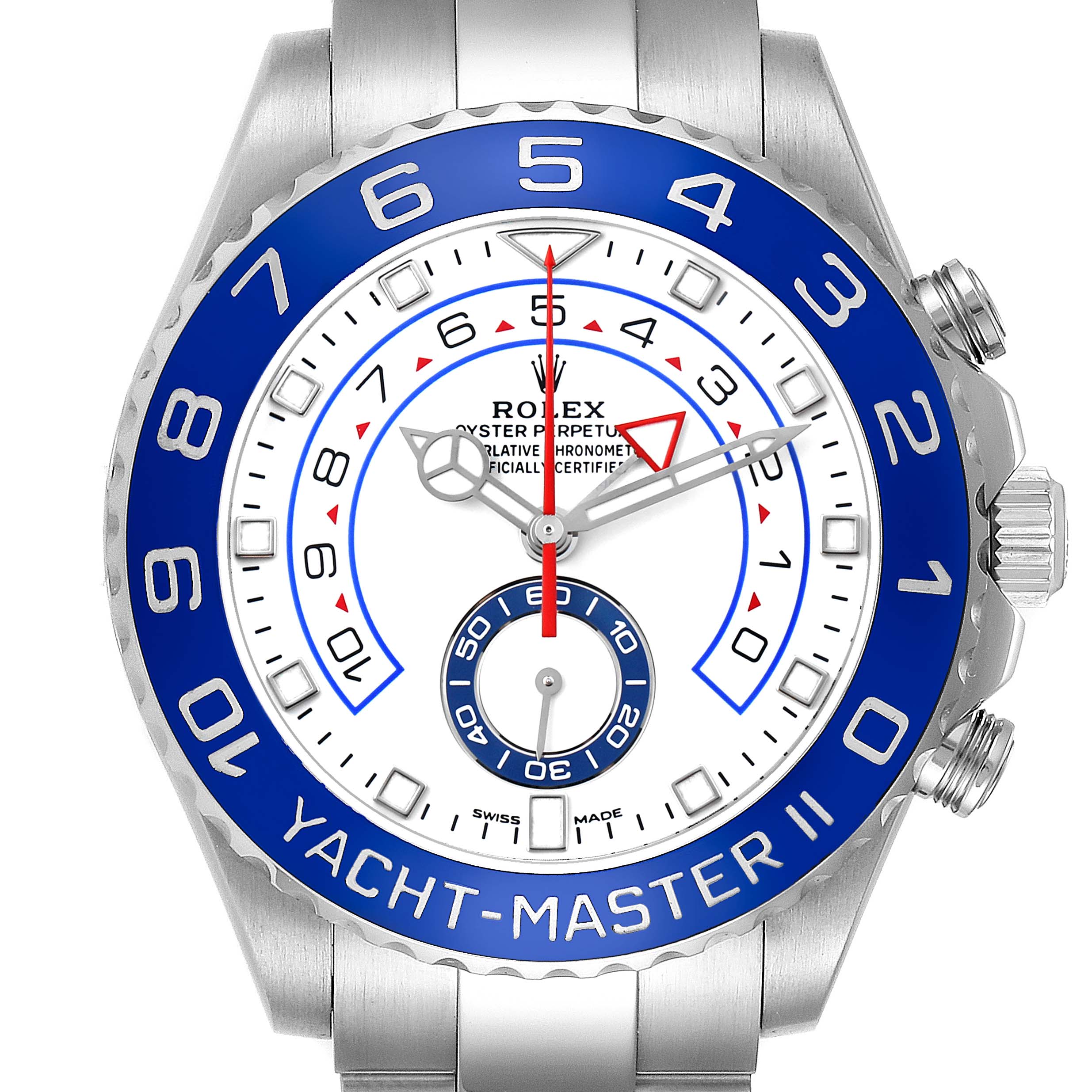 The Rolex Yacht-Master 116680 Men
s Stainless Steel White Dial watch is shown from the front, highlighting its bezel, dial, and bracelet.