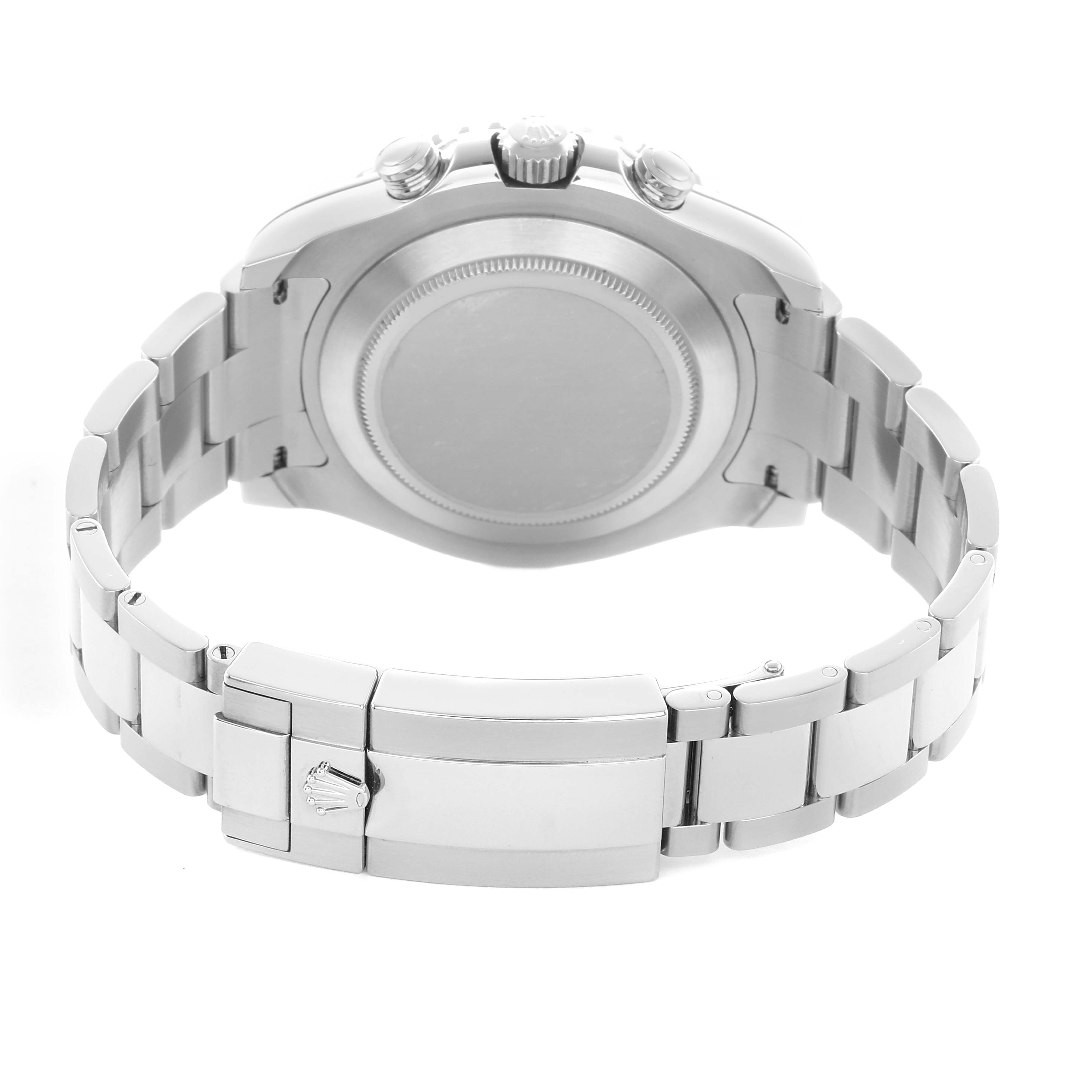 The image shows the Rolex Yacht-Master 116680 Men
s Stainless Steel White Dial watch from the back, highlighting the case, bracelet, and clasp.