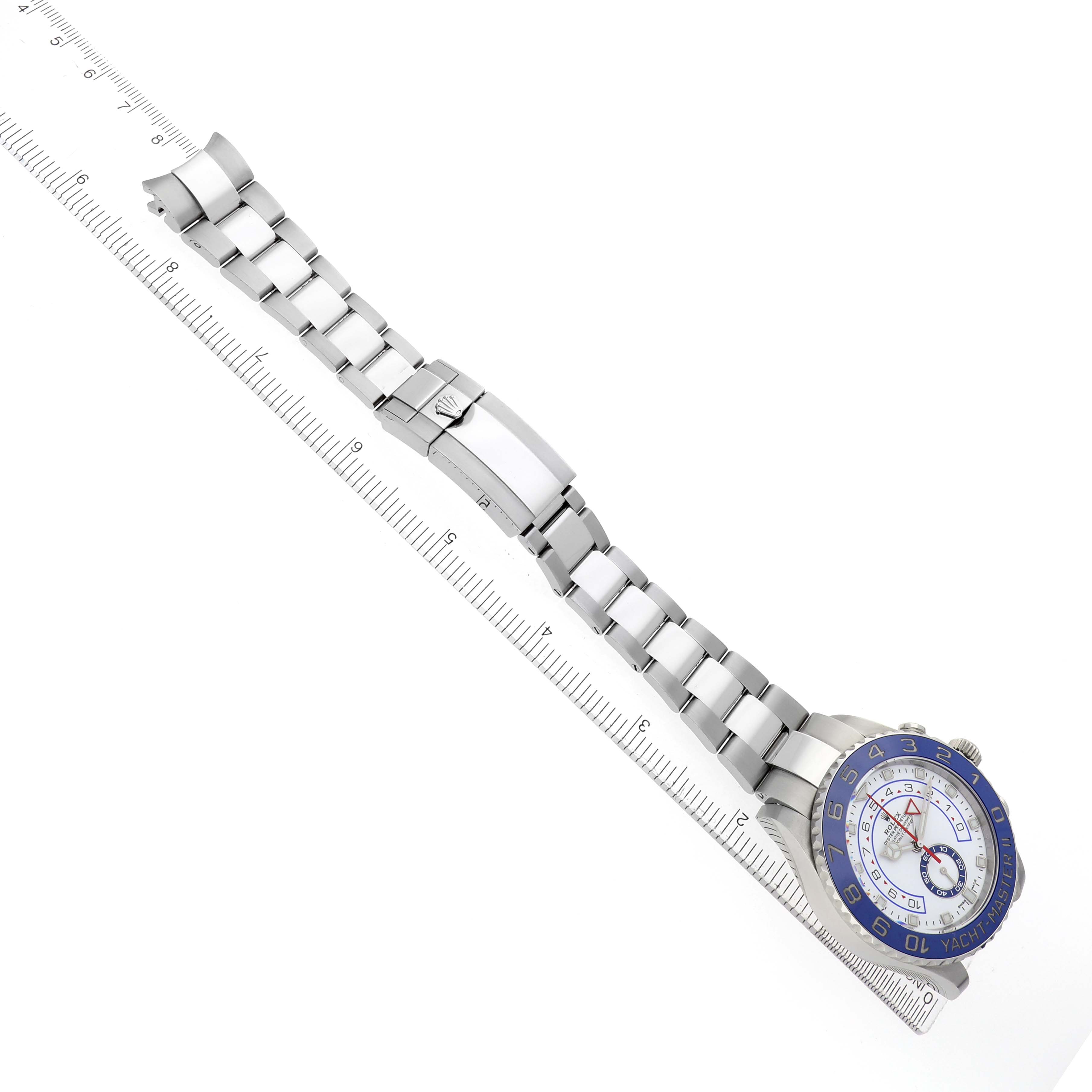 The Rolex Yacht-Master 116680 Men
s Stainless Steel White Dial watch is shown at an angled side view, displaying the bracelet, clasp, and face.