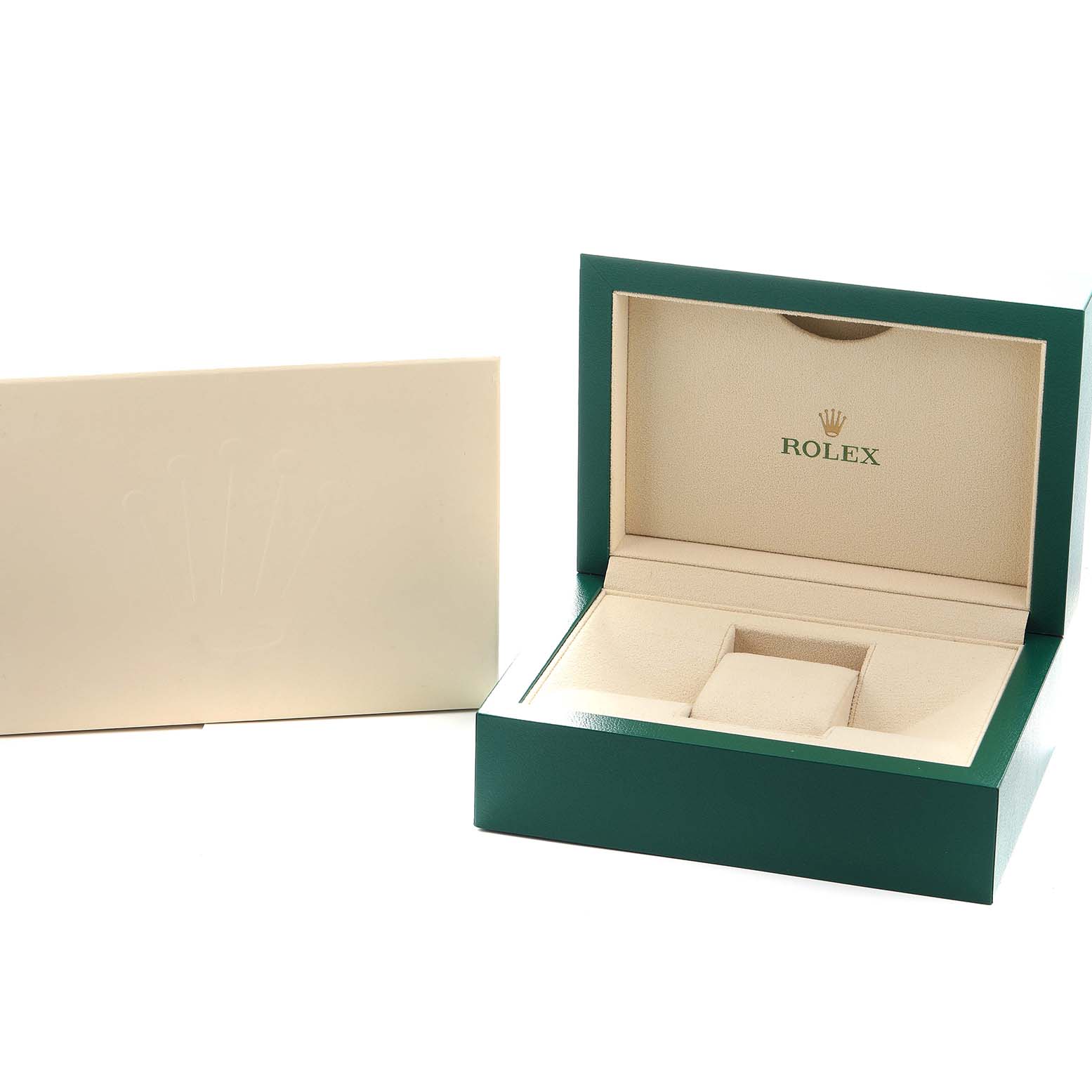 The image shows an open Rolex watch box for the Yacht-Master model, alongside its outer cover.