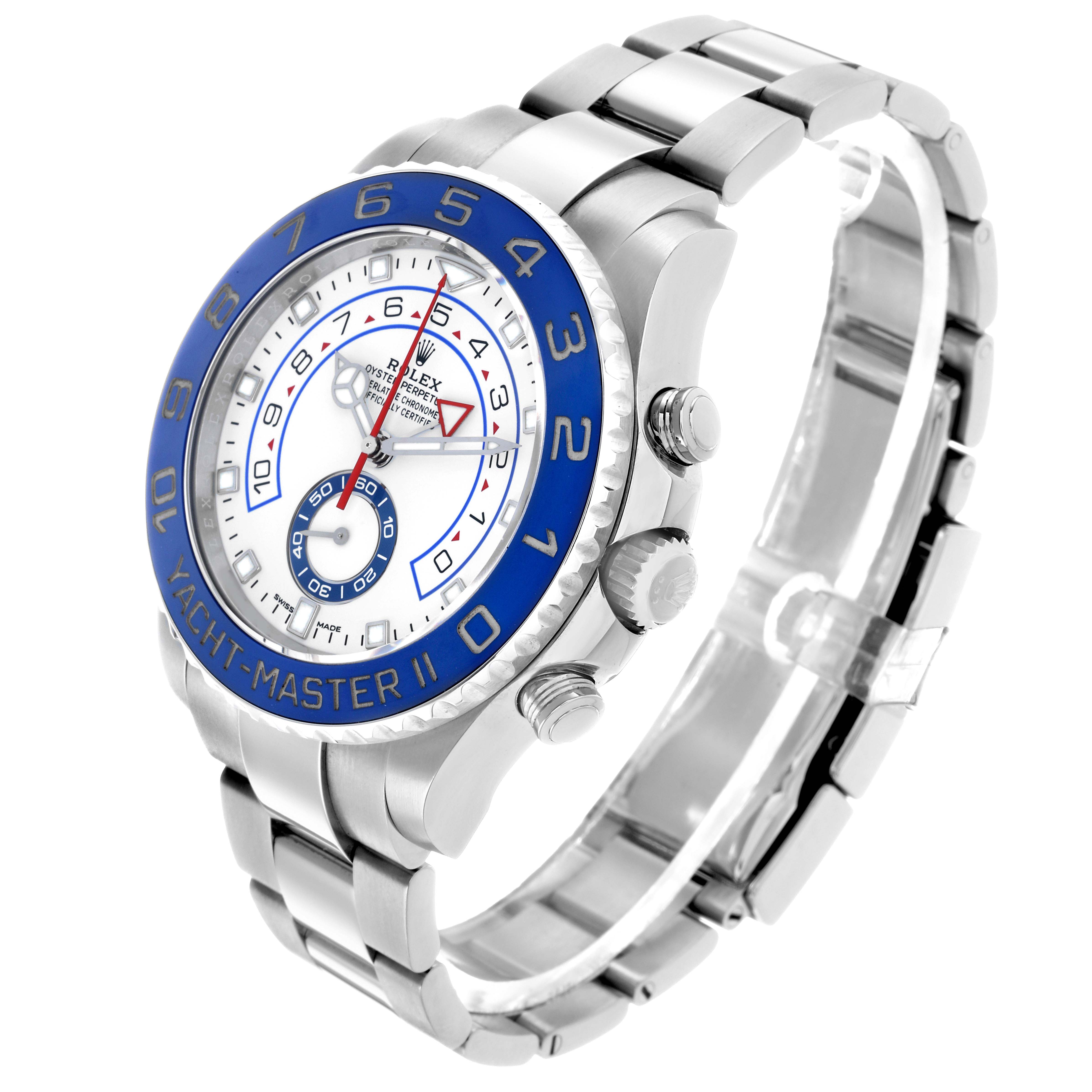 The Rolex Yacht-Master 116680 Men
s Stainless Steel White Dial II watch is shown at a diagonal angle, highlighting the bezel, dial, crown, and bracelet.