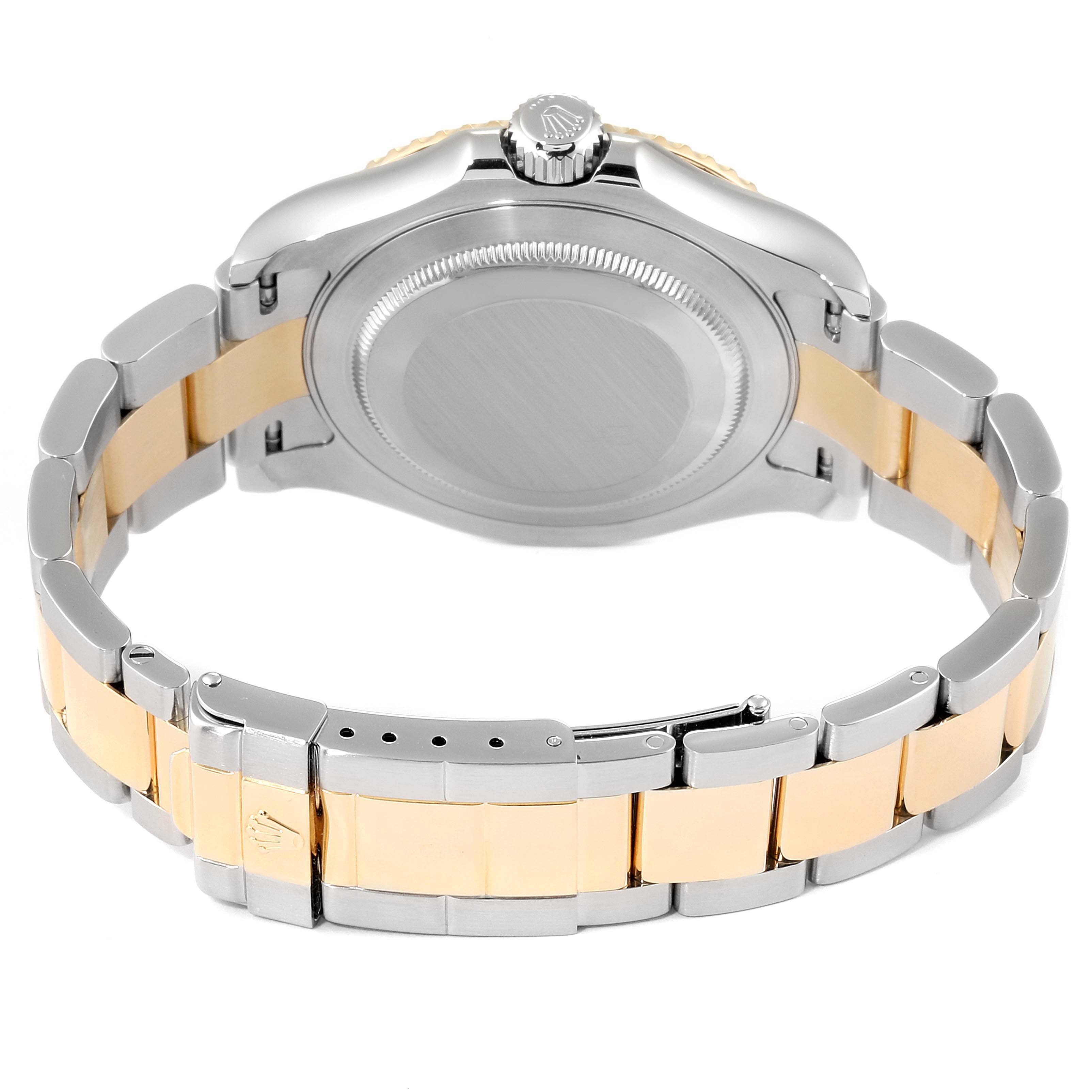 The image shows the back view of a Rolex Yacht-Master 16623 Men's Steel and Gold (two tone) White Dial 16623 Men's Steel and Gold (two tone) White Dial watch, highlighting the case back and two-tone bracelet.