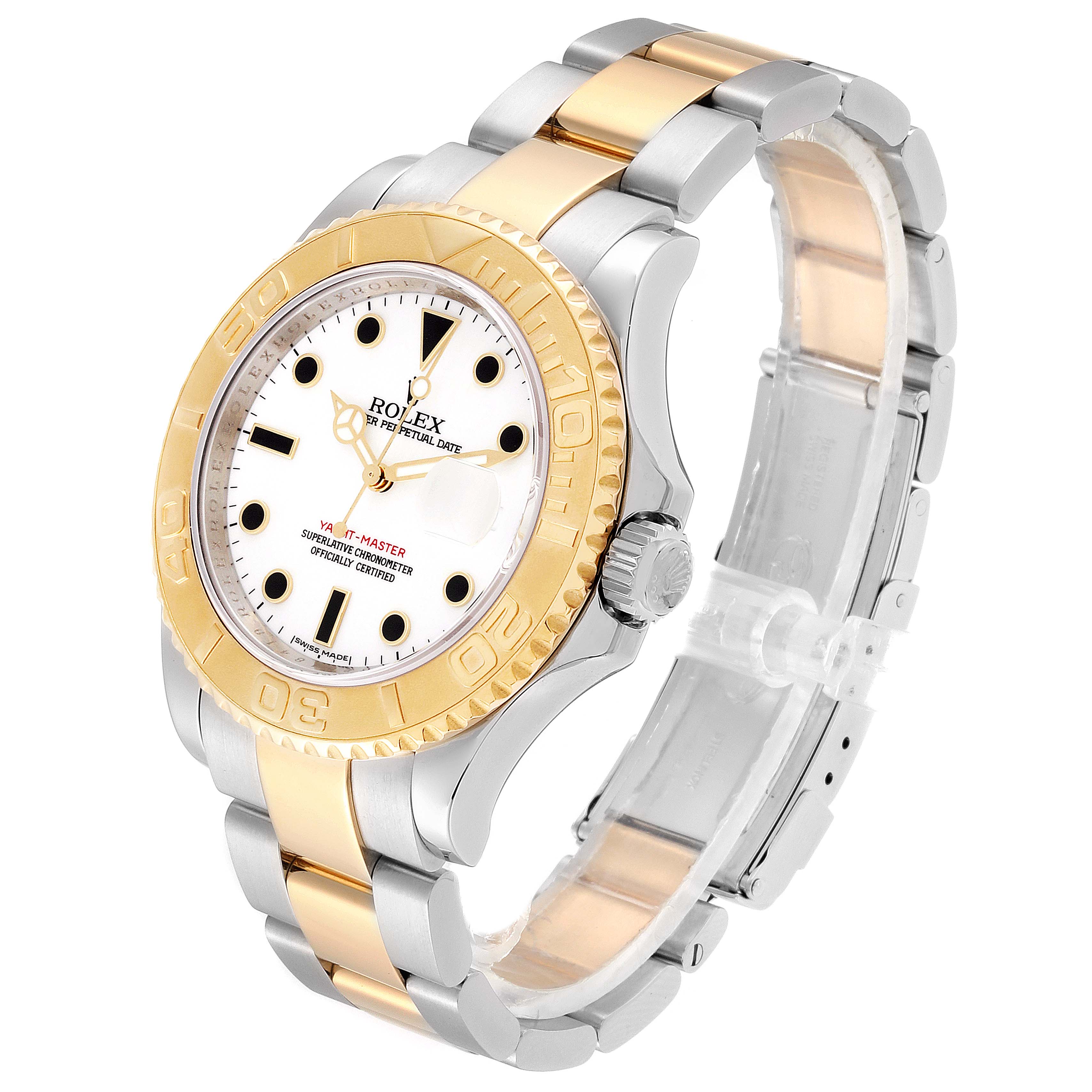 The Rolex Yacht-Master 16623 Men's Steel and Gold (two tone) White Dial 16623 Men's Steel and Gold (two tone) White Dial watch is shown at a front angle, displaying the dial, bezel, and bracelet.