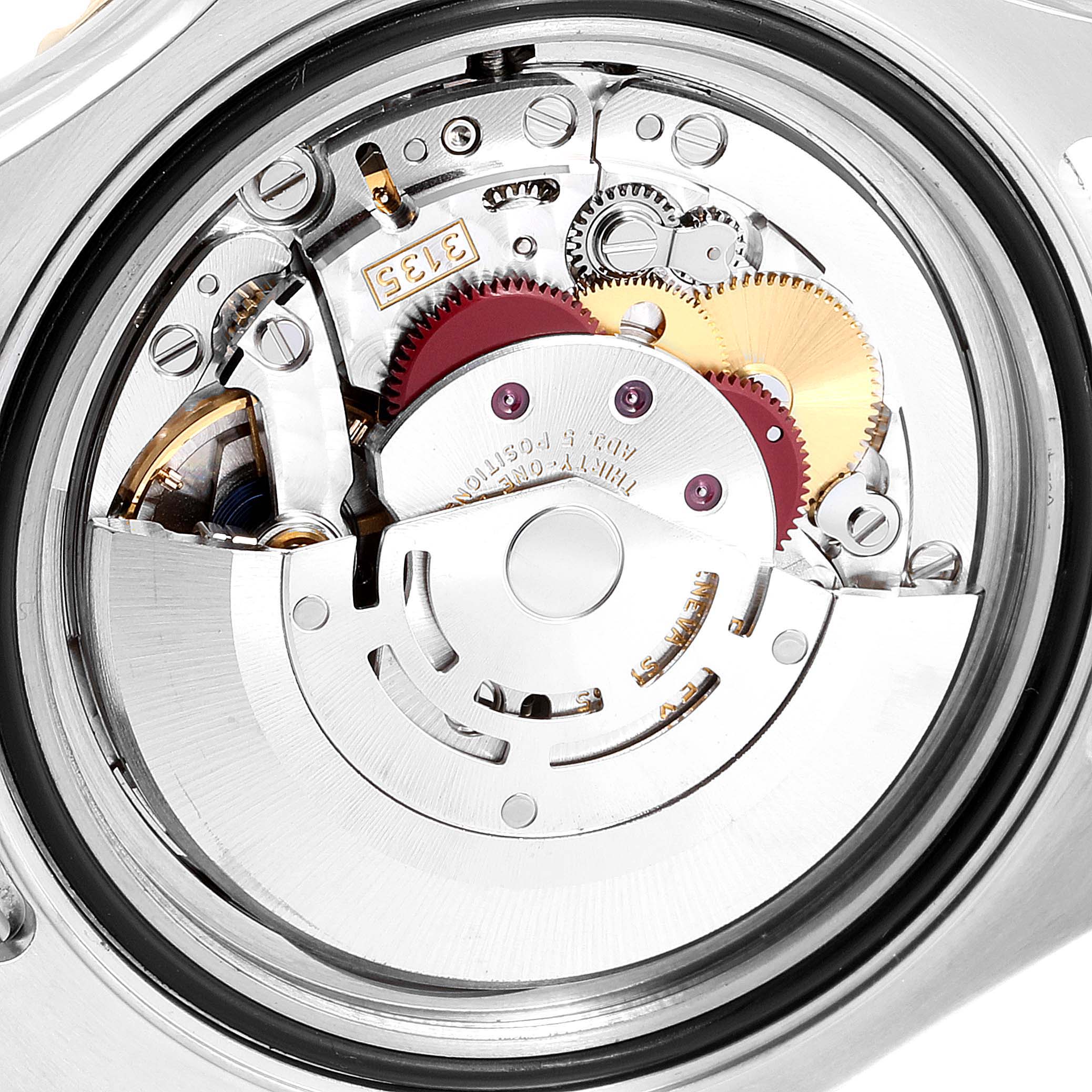 This image shows the intricate movement mechanism of a Rolex Yacht-Master 16623 Men's Steel and Gold (two tone) White Dial 16623 Men's Steel and Gold (two tone) White Dial watch from a close-up, top-down angle.