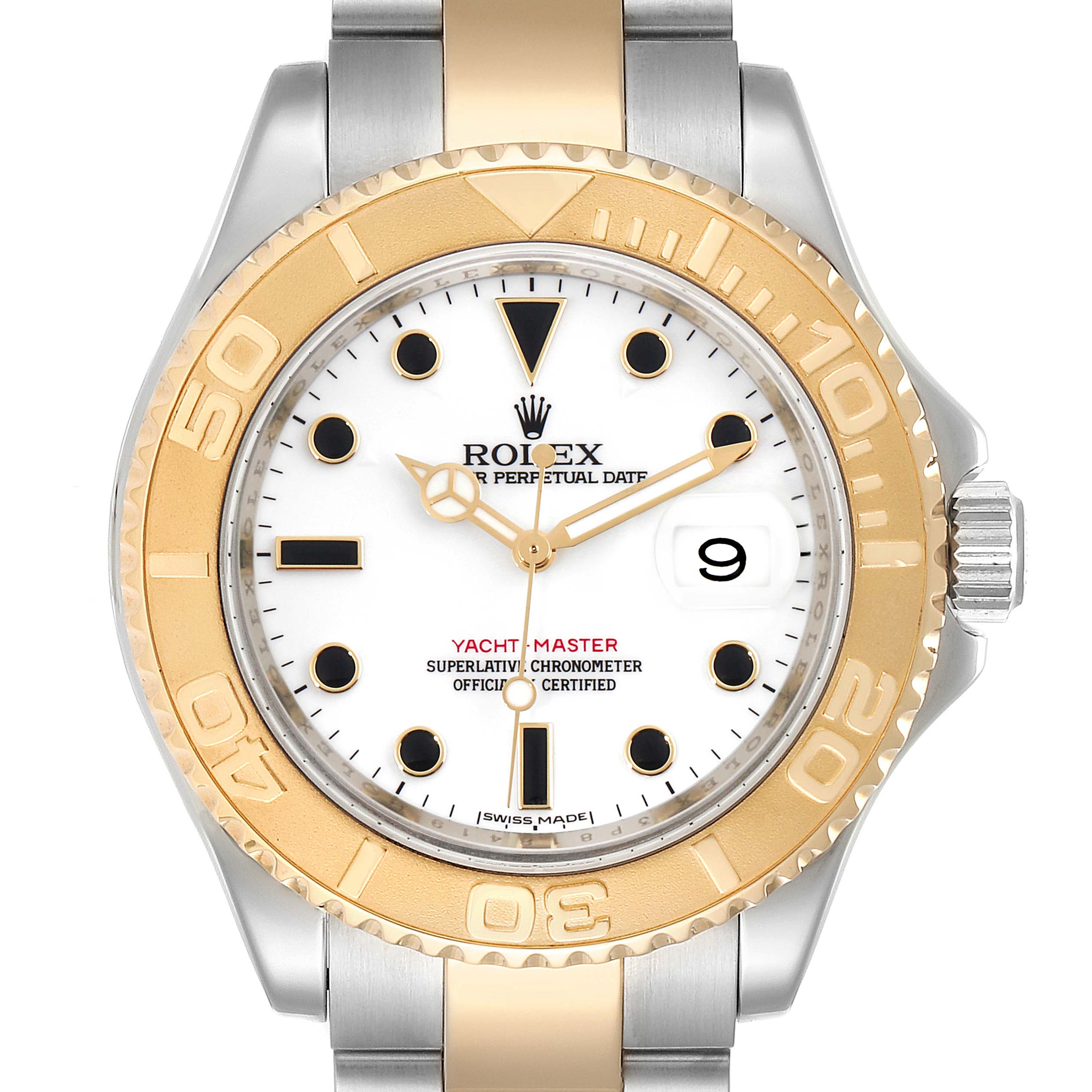 The Rolex Yacht-Master 16623 Men's Steel and Gold (two tone) White Dial 16623 Men's Steel and Gold (two tone) White Dial watch is shown from a front angle, highlighting its bezel, dial, crown, and bracelet.