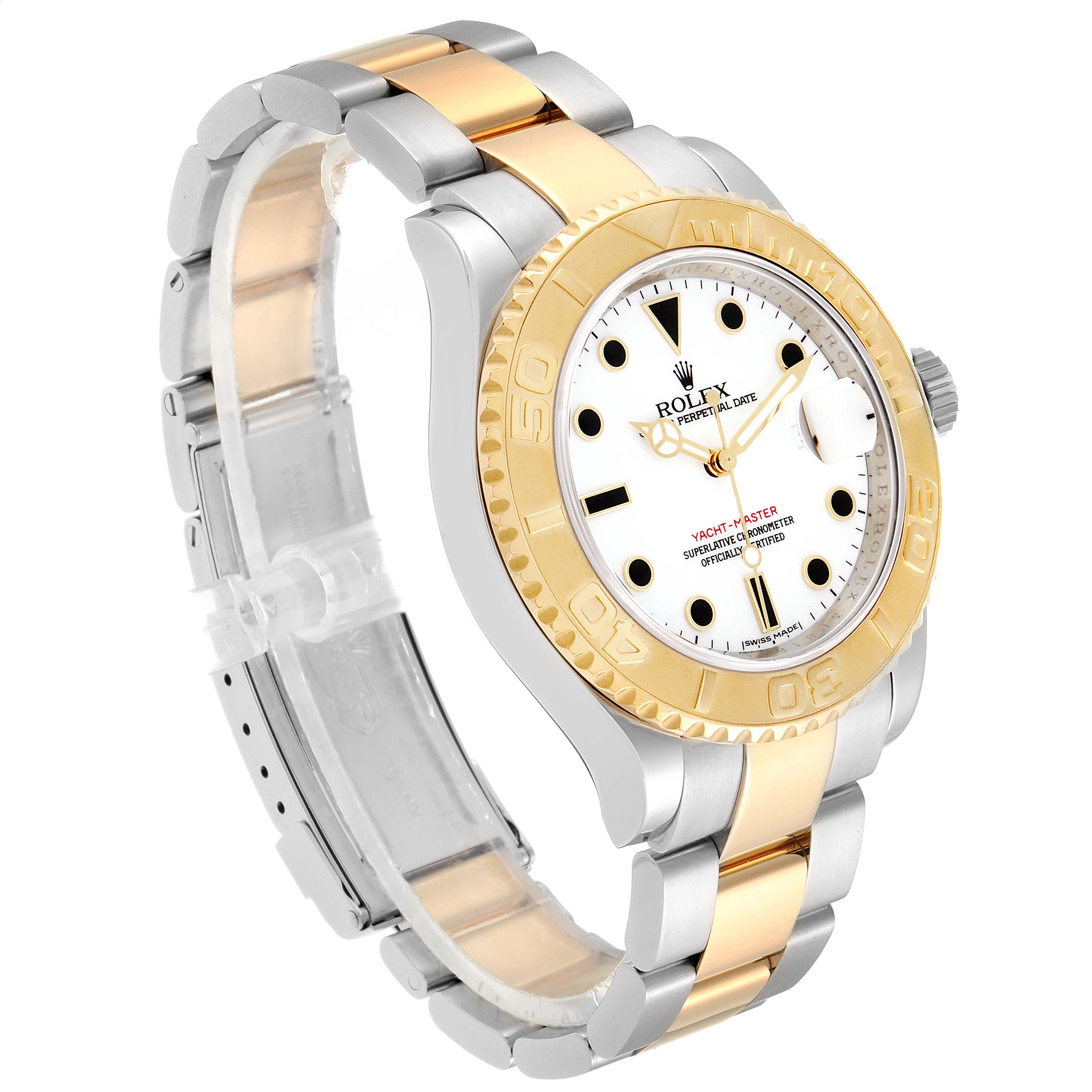 This Rolex Yacht-Master 16623 Men's Steel and Gold (two tone) White Dial 16623 Men's Steel and Gold (two tone) White Dial watch is shown at a three-quarter angle, displaying the bracelet, bezel, and dial.