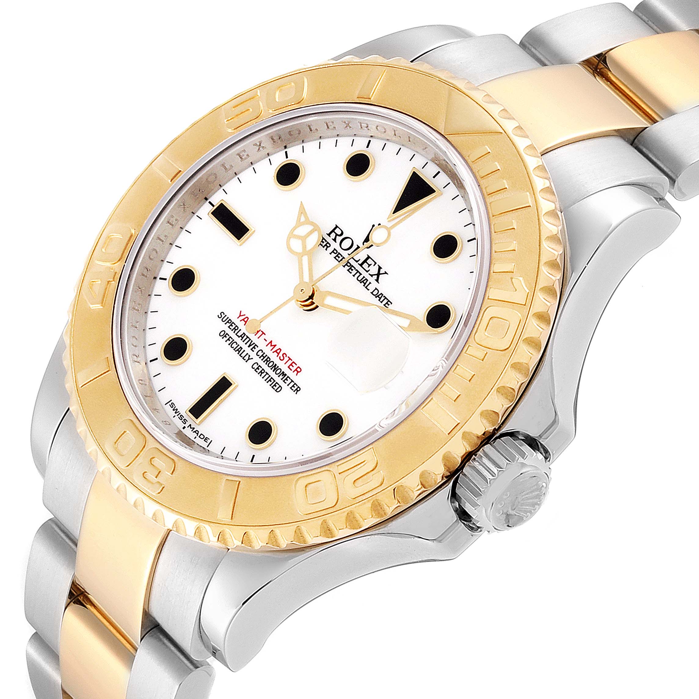 The image shows a close-up angle of a Rolex Yacht-Master 16623 Men's Steel and Gold (two tone) White Dial 16623 Men's Steel and Gold (two tone) White Dial watch, highlighting the dial, bezel, and bracelet.