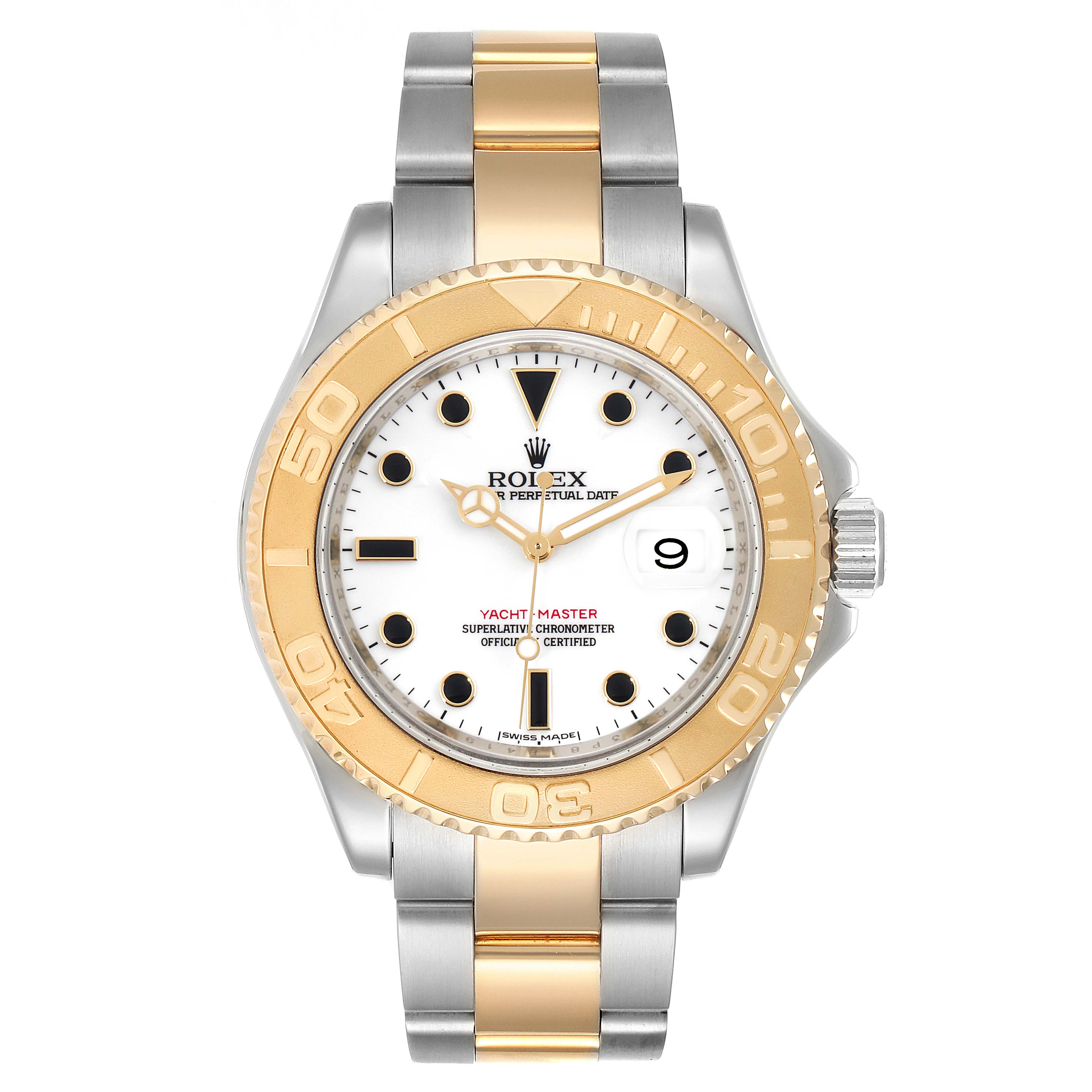 The Rolex Yacht-Master 16623 Men's Steel and Gold (two tone) White Dial 16623 Men's Steel and Gold (two tone) White Dial watch is shown from a direct front angle, displaying its face, bezel, and two-tone bracelet.