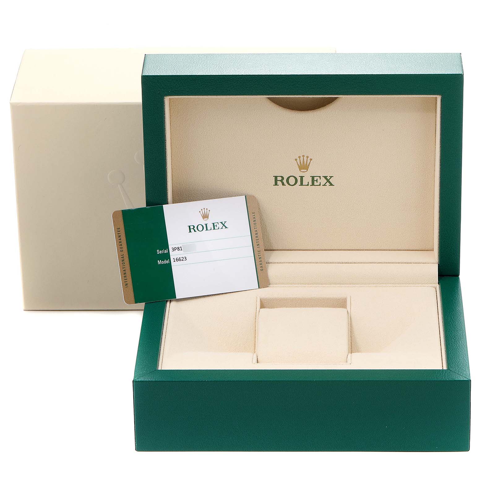 The image shows an open Rolex watch box and a card for the Yacht-Master model.