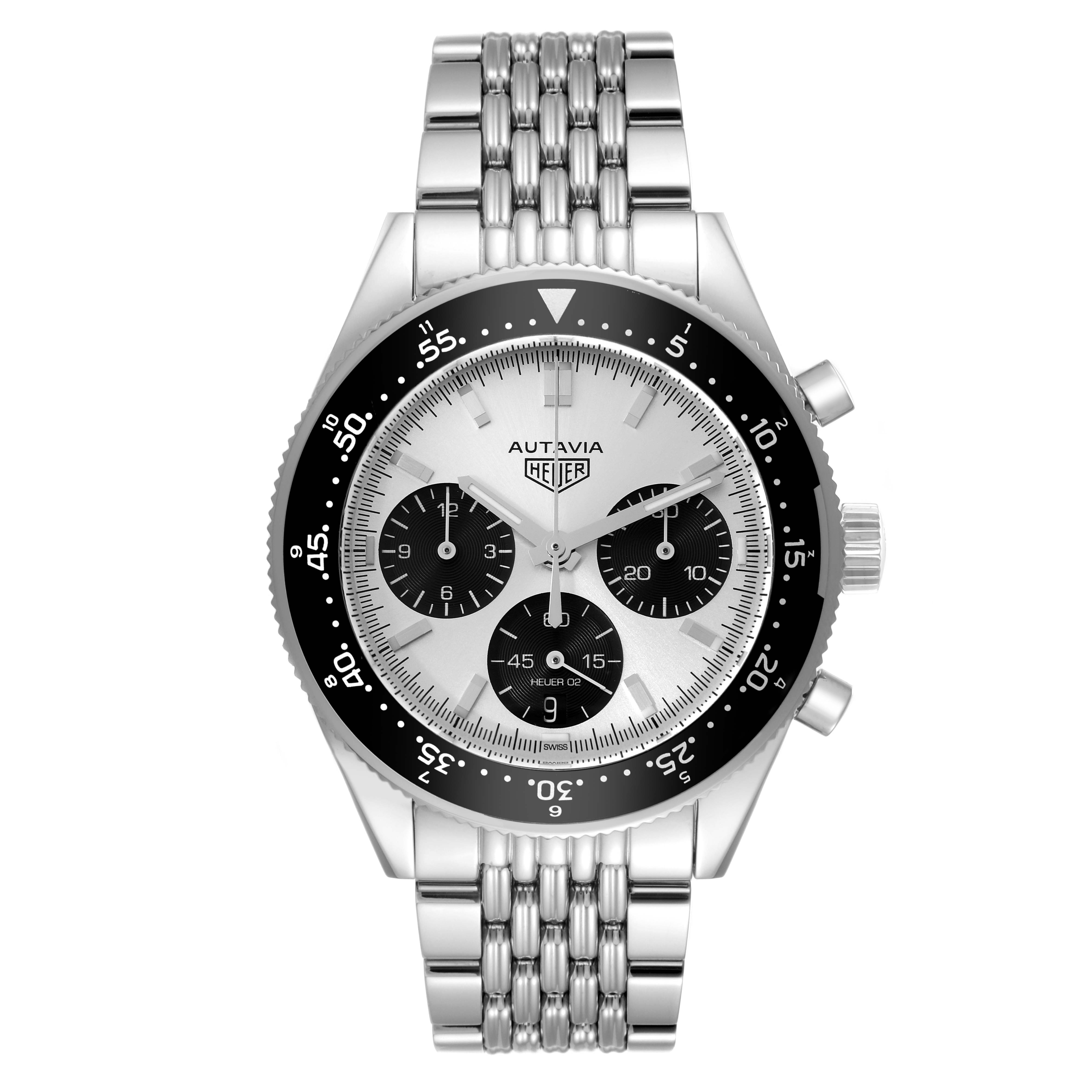 This image shows a frontal view of the Tag Heuer Autavia CBE2111.BA0687 Men's Stainless Steel Silver Dial CBE2111.BA0687 Men's Stainless Steel Silver Dial Limited Edition watch, displaying its face, bezel, and metal bracelet.