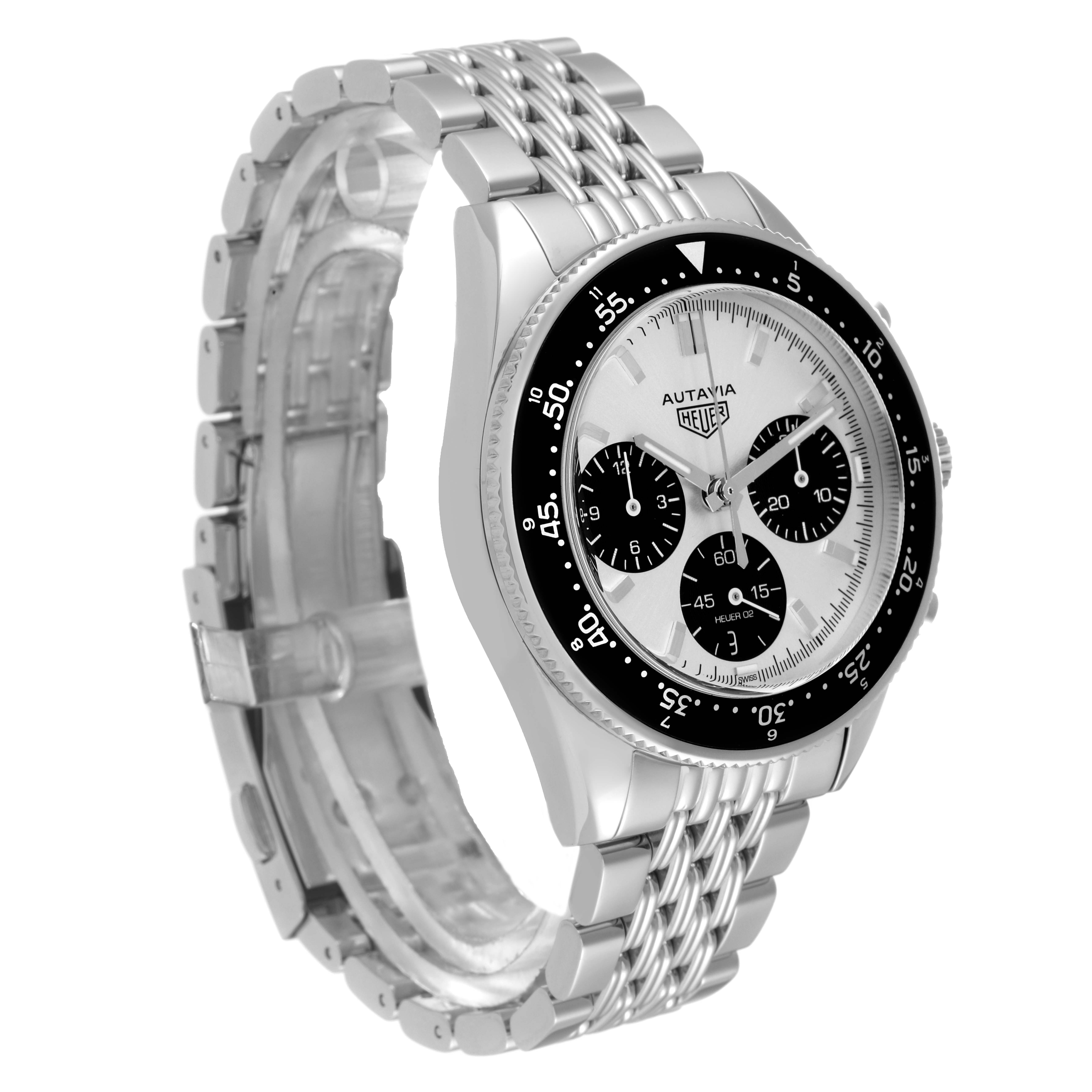 The image displays a three-quarter view of the Tag Heuer Limited Edition Autavia watch, showing the face, bezel, case, and bracelet band.
