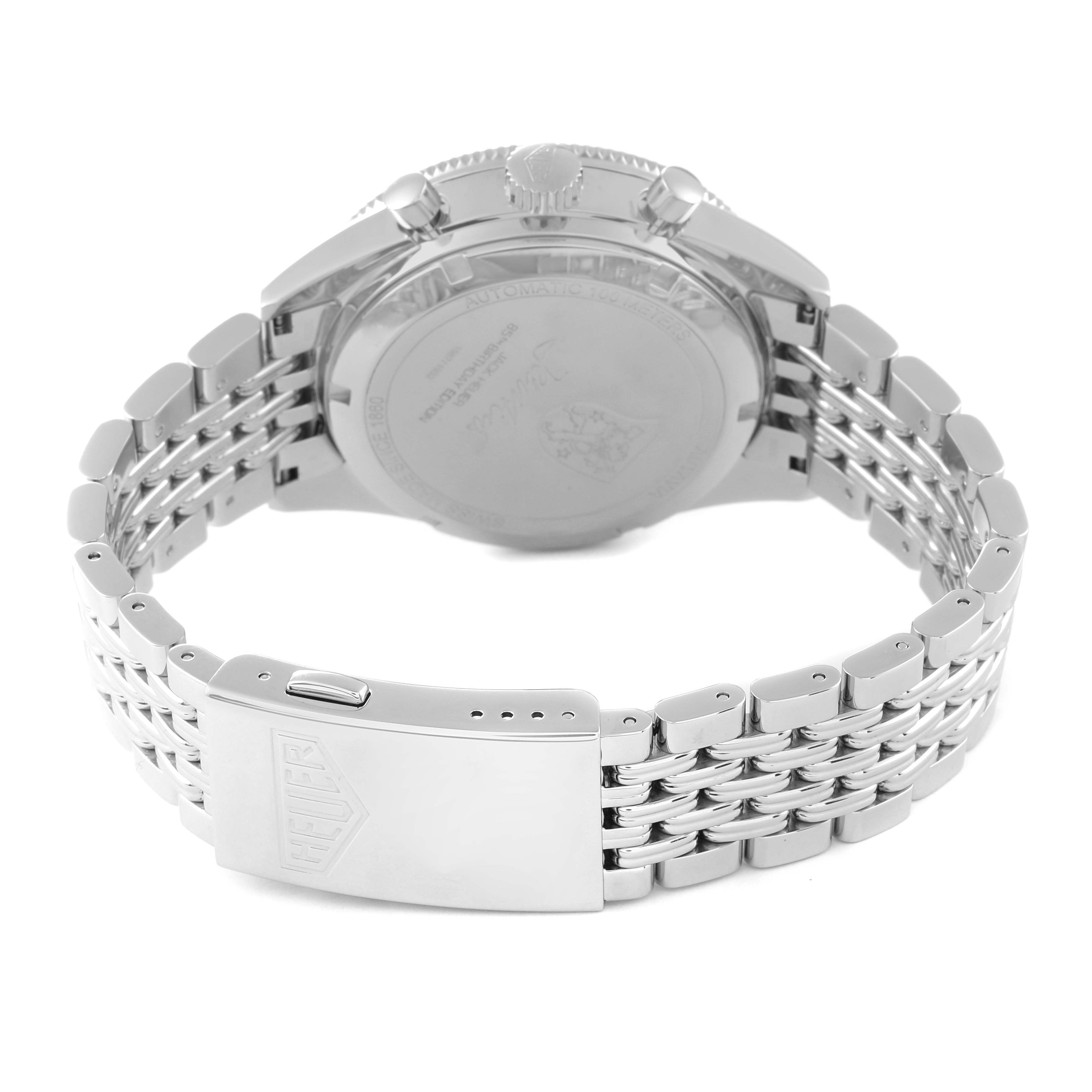 This image shows the back view of the Tag Heuer Limited Edition watch, highlighting the case back, bracelet, and clasp.