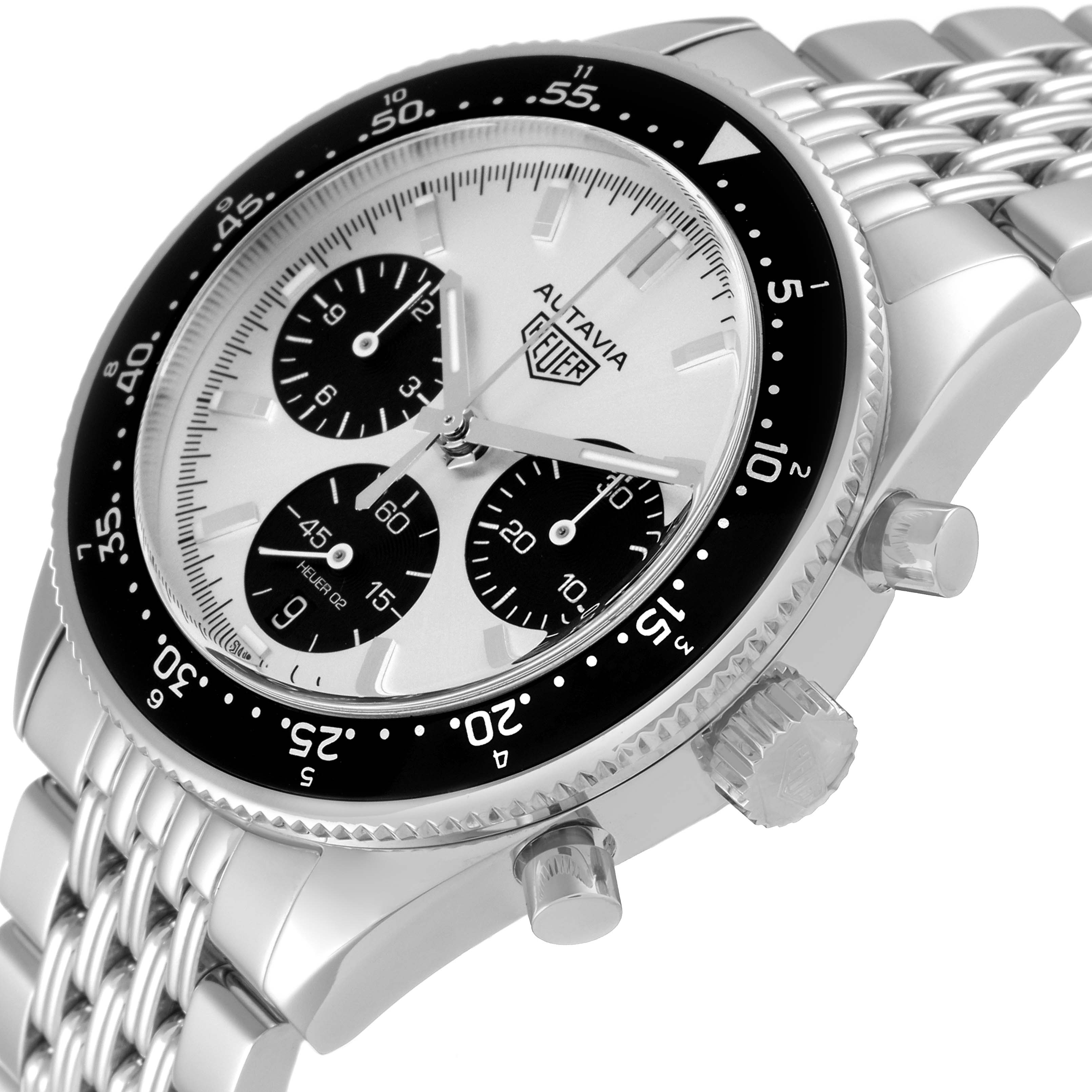 This image displays a close-up, angled view of the Tag Heuer Autavia CBE2111.BA0687 Men's Stainless Steel Silver Dial CBE2111.BA0687 Men's Stainless Steel Silver Dial Limited Edition watch, highlighting its dial, bezel, and crown.