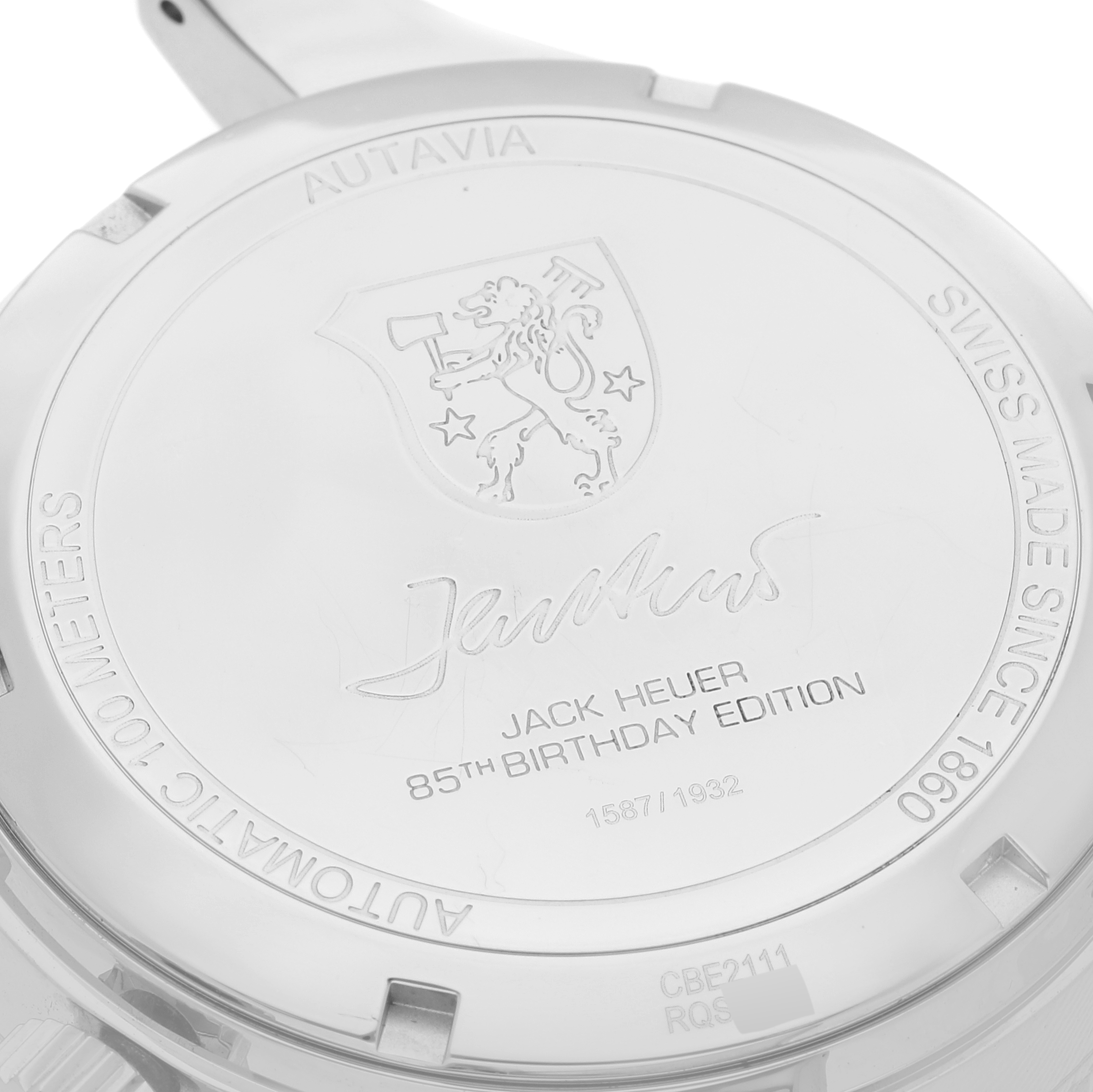 This image shows the back of the Tag Heuer Autavia CBE2111.BA0687 Men's Stainless Steel Silver Dial CBE2111.BA0687 Men's Stainless Steel Silver Dial "Jack Heuer 85th Birthday Edition" watch.