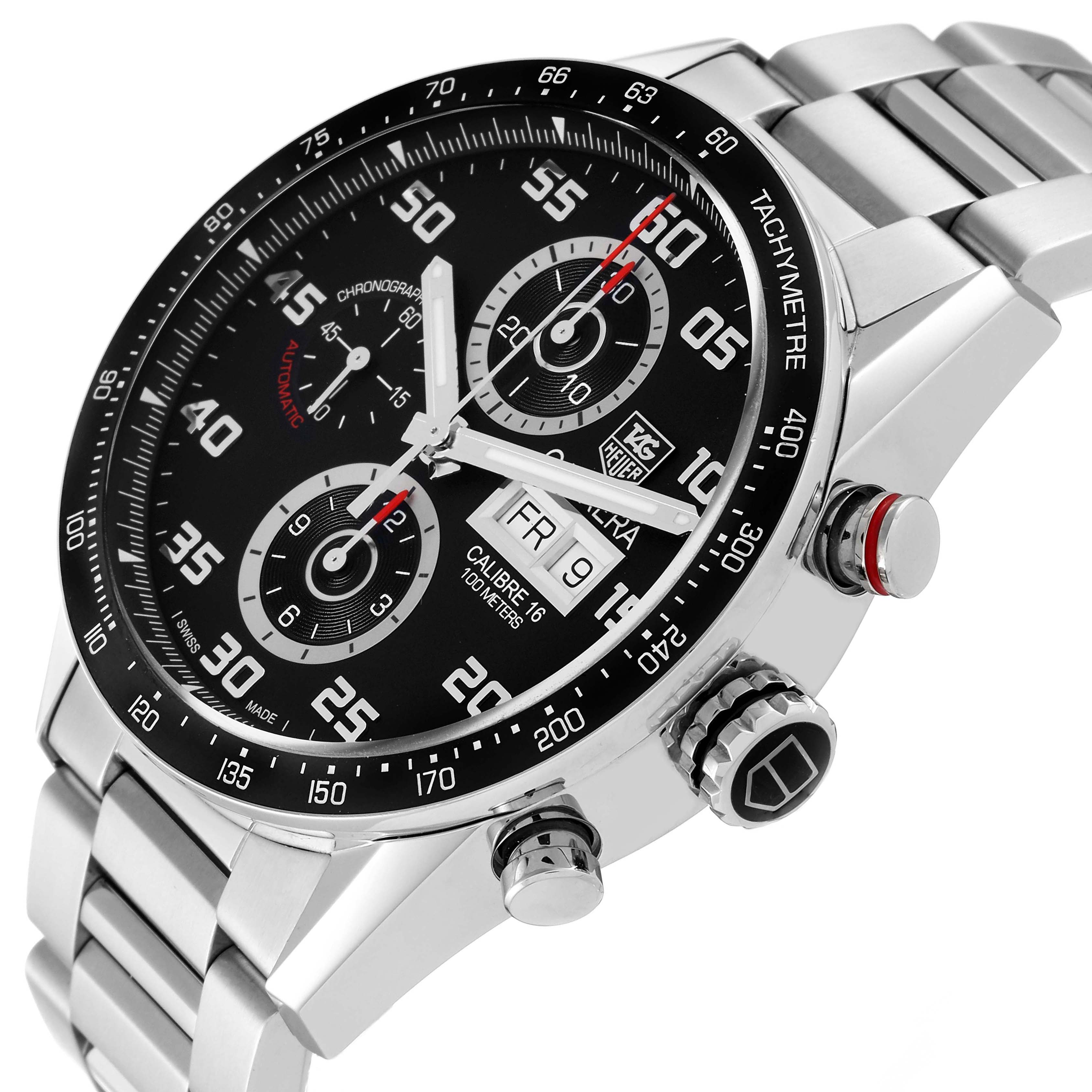 The image shows a side and angled view of a Tag Heuer Carrera CV2A1R.BA0799 Men's Stainless Steel Black Dial CV2A1R.BA0799 Men's Stainless Steel Black Dial watch, highlighting its dial, bezel, and pushers.