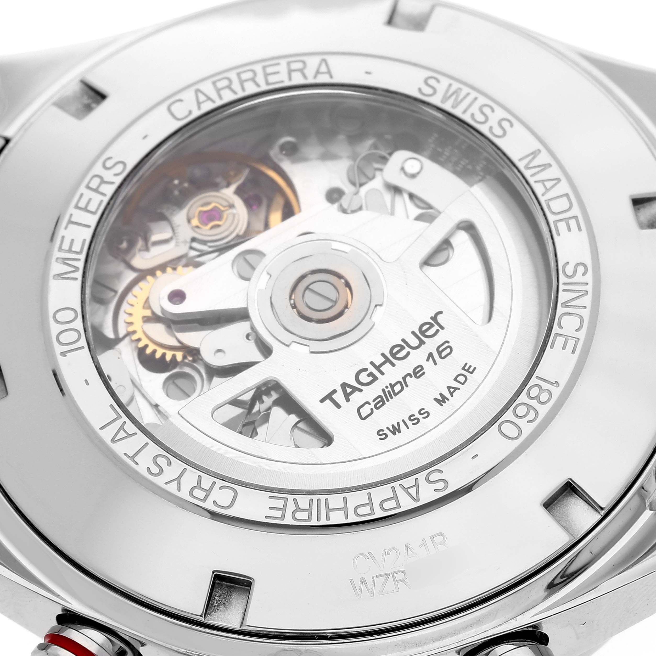 The image shows the back view of a Tag Heuer Carrera CV2A1R.BA0799 Men's Stainless Steel Black Dial CV2A1R.BA0799 Men's Stainless Steel Black Dial watch, highlighting its internal mechanism and "Calibre 16" inscription.