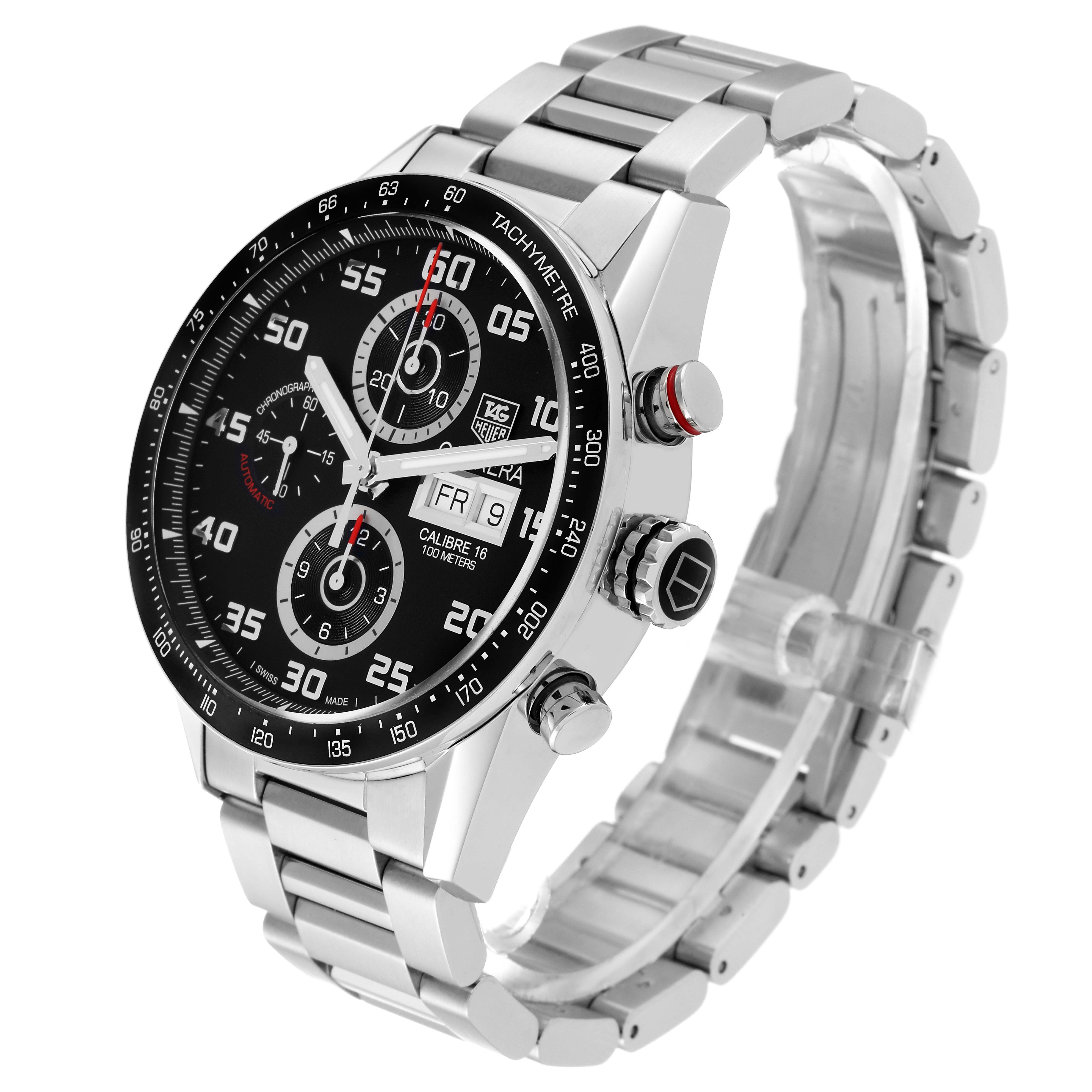 The image shows a Tag Heuer Carrera CV2A1R.BA0799 Men's Stainless Steel Black Dial CV2A1R.BA0799 Men's Stainless Steel Black Dial watch at a slight angle, highlighting the face, crown, and stainless steel bracelet.