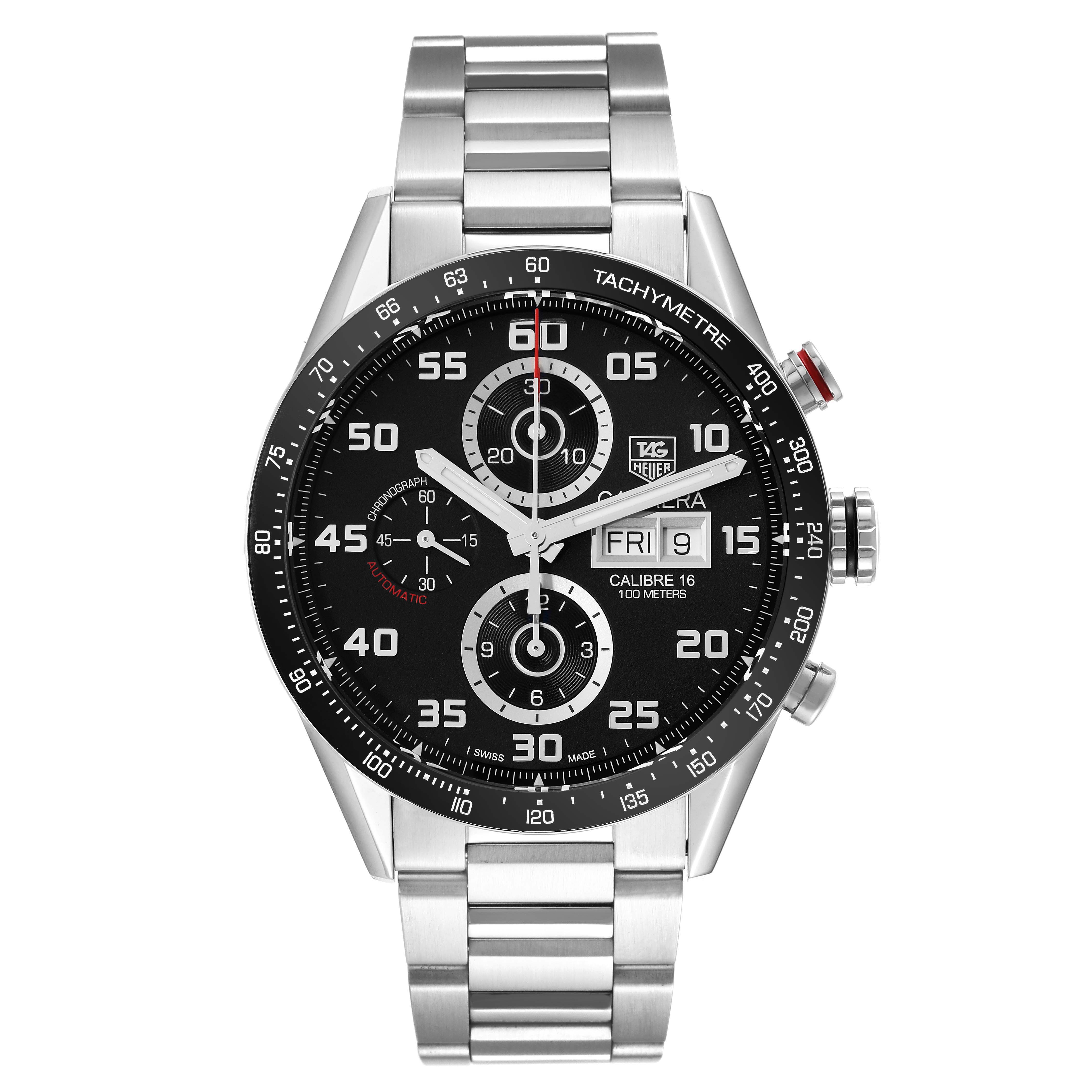 The image shows a front view of the Tag Heuer Carrera CV2A1R.BA0799 Men's Stainless Steel Black Dial CV2A1R.BA0799 Men's Stainless Steel Black Dial watch with stainless steel band and black chronograph dial.