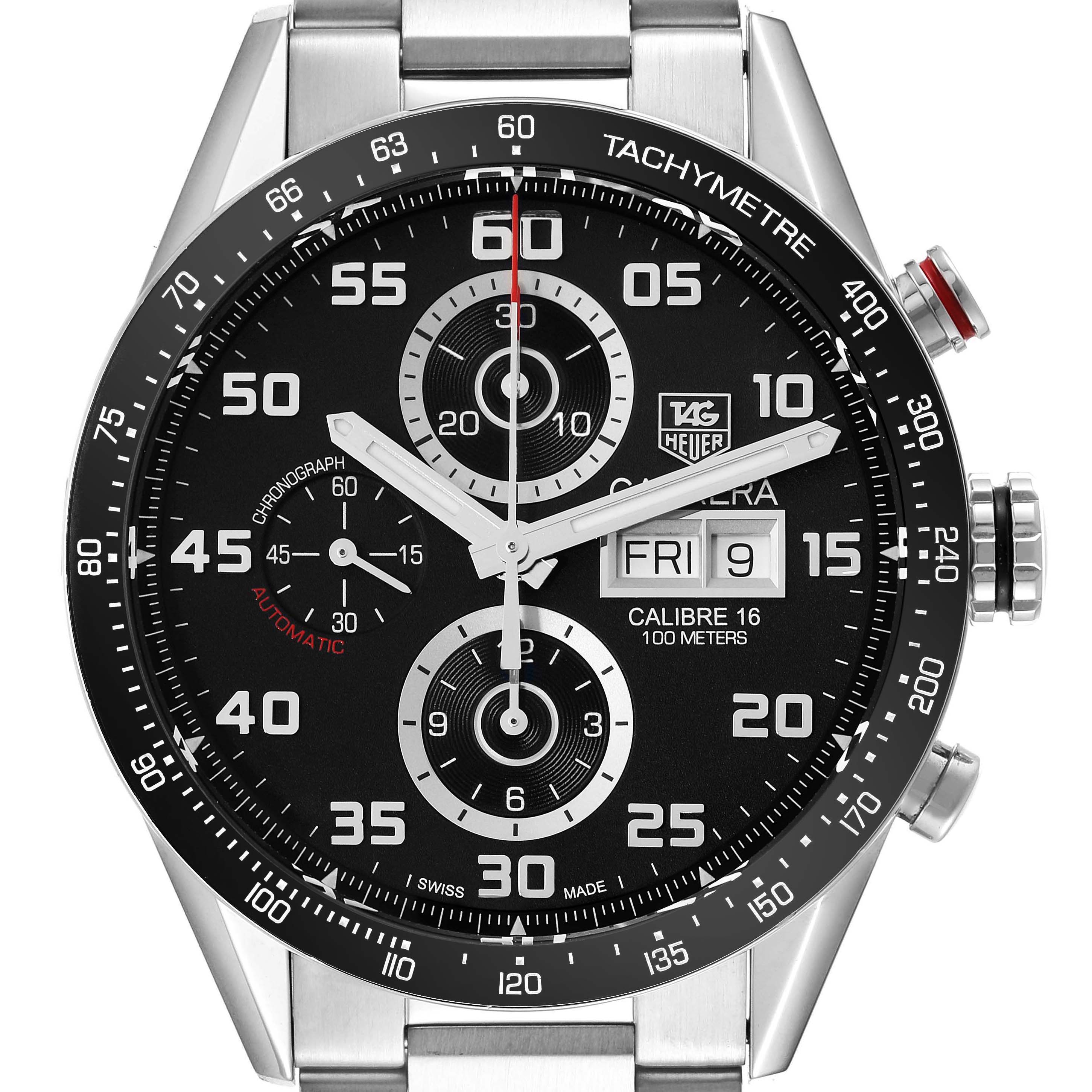 The image shows a close-up of the dial and bezel of the Tag Heuer Carrera CV2A1R.BA0799 Men's Stainless Steel Black Dial CV2A1R.BA0799 Men's Stainless Steel Black Dial Calibre 16 chronograph watch.