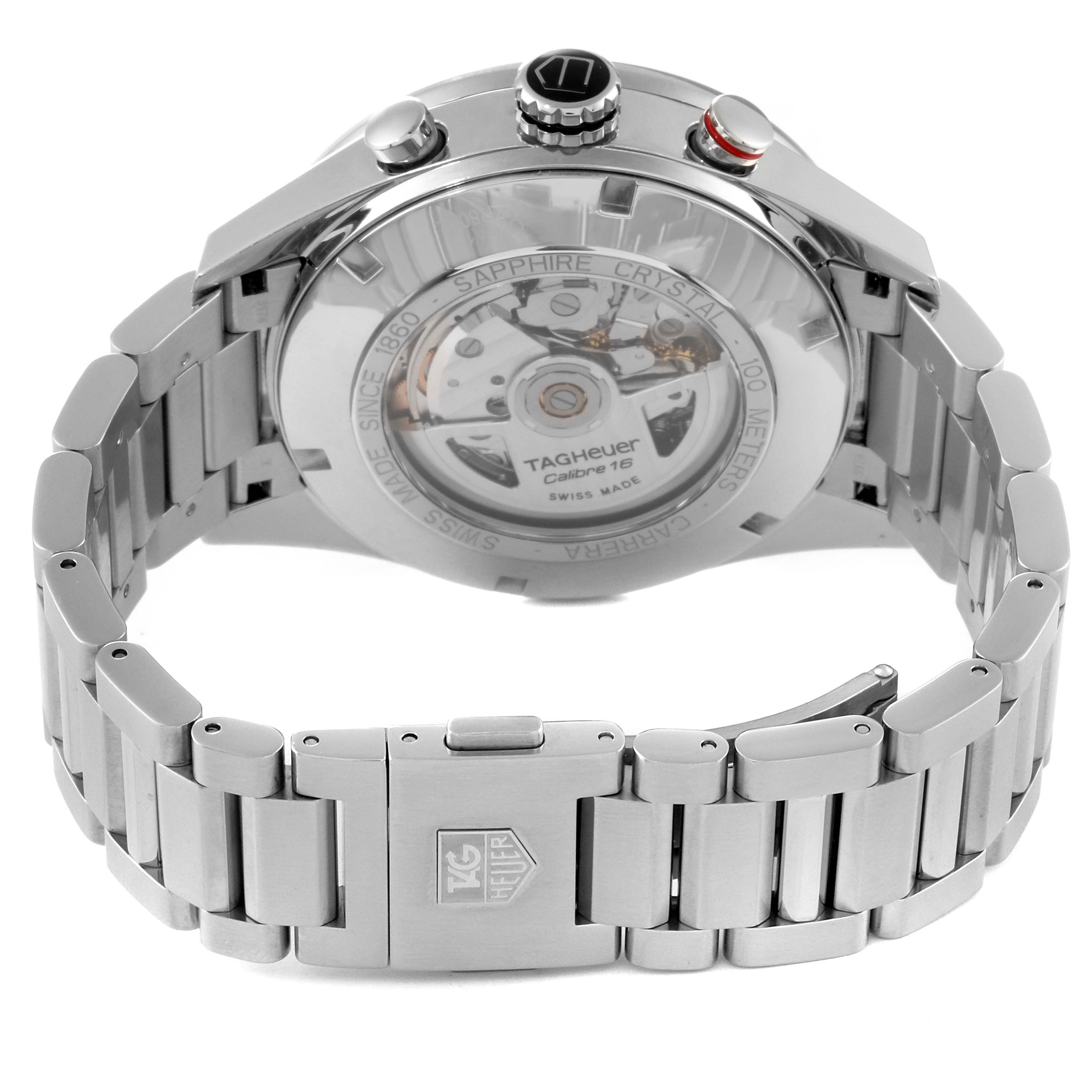 The image shows the back view of a Tag Heuer Carrera CV2A1R.BA0799 Men's Stainless Steel Black Dial CV2A1R.BA0799 Men's Stainless Steel Black Dial watch, highlighting its bracelet, clasp, and transparent case back.