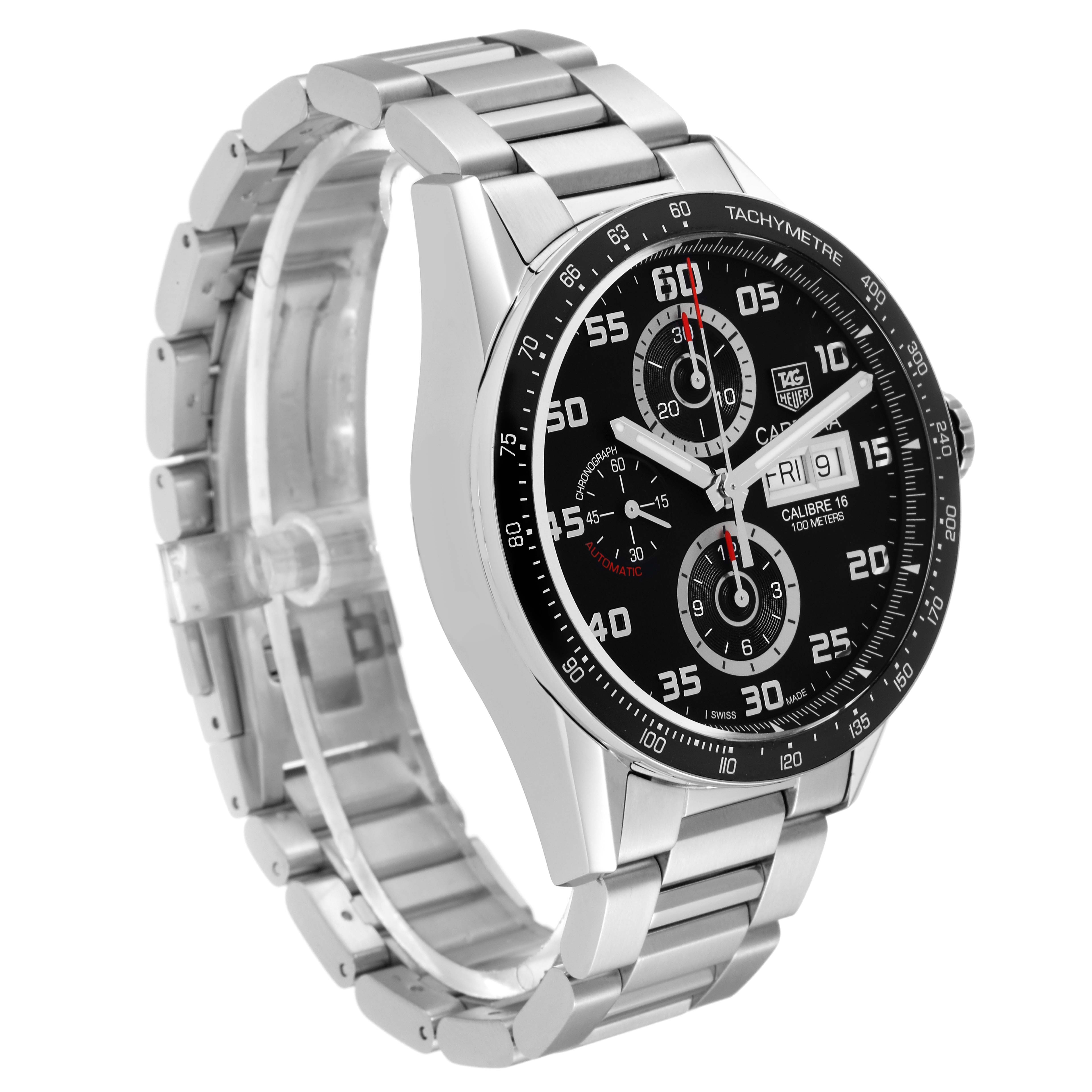 The image shows a side-angle view of a Tag Heuer Carrera CV2A1R.BA0799 Men's Stainless Steel Black Dial CV2A1R.BA0799 Men's Stainless Steel Black Dial watch, highlighting the dial, bezel, and stainless steel bracelet.