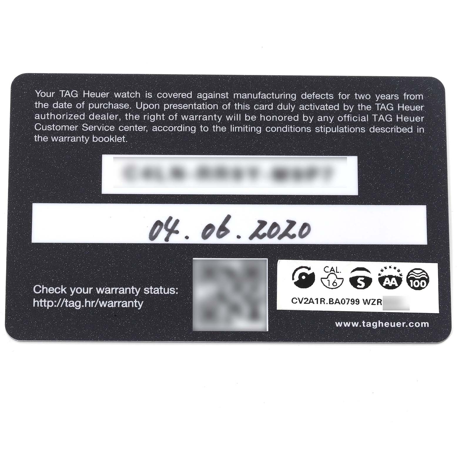 The image shows a close-up of a warranty card for a Tag Heuer Carrera CV2A1R.BA0799 Men's Stainless Steel Black Dial CV2A1R.BA0799 Men's Stainless Steel Black Dial model watch.