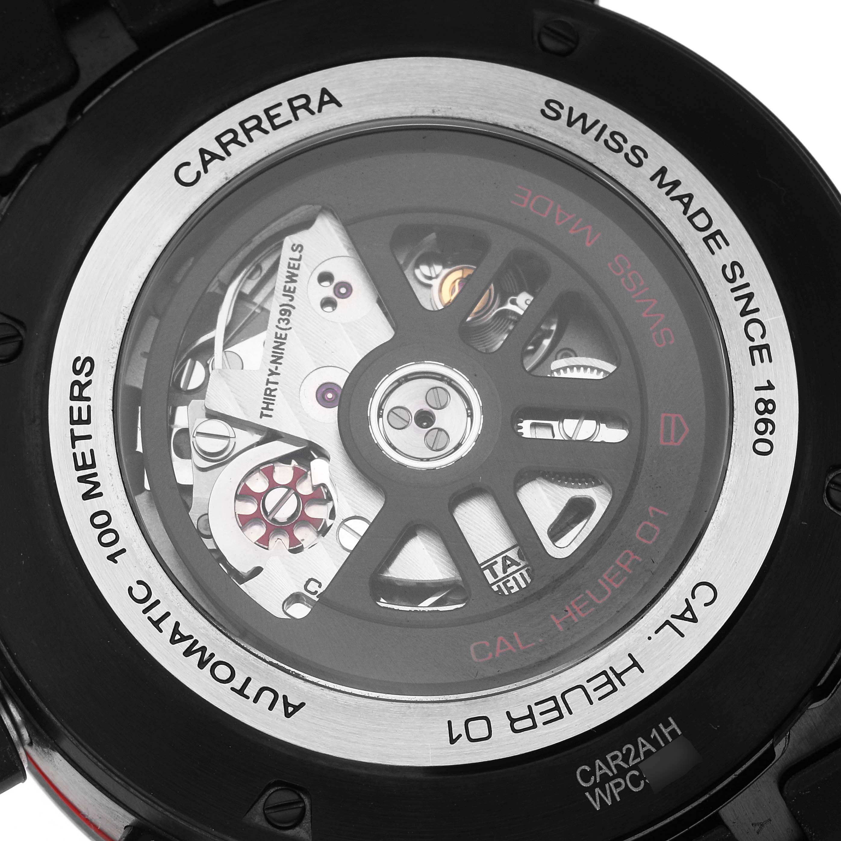 This image shows the back view of the Tag Heuer Carrera CAR2A1H.FT6101 Men's Stainless Steel Black Dial CAR2A1H.FT6101 Men's Stainless Steel Black Dial watch, highlighting its Calibre HEUER 01 automatic movement.