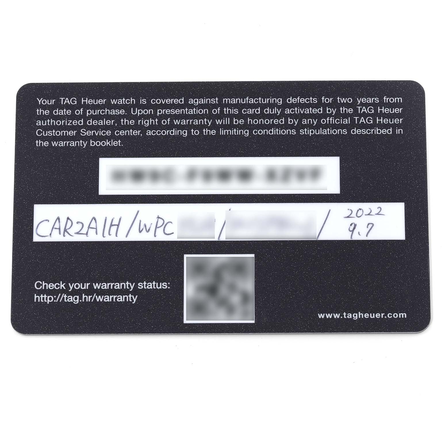The image shows a warranty card for the Tag Heuer Carrera CAR2A1H.FT6101 Men's Stainless Steel Black Dial CAR2A1H.FT6101 Men's Stainless Steel Black Dial watch model, viewed from the front.