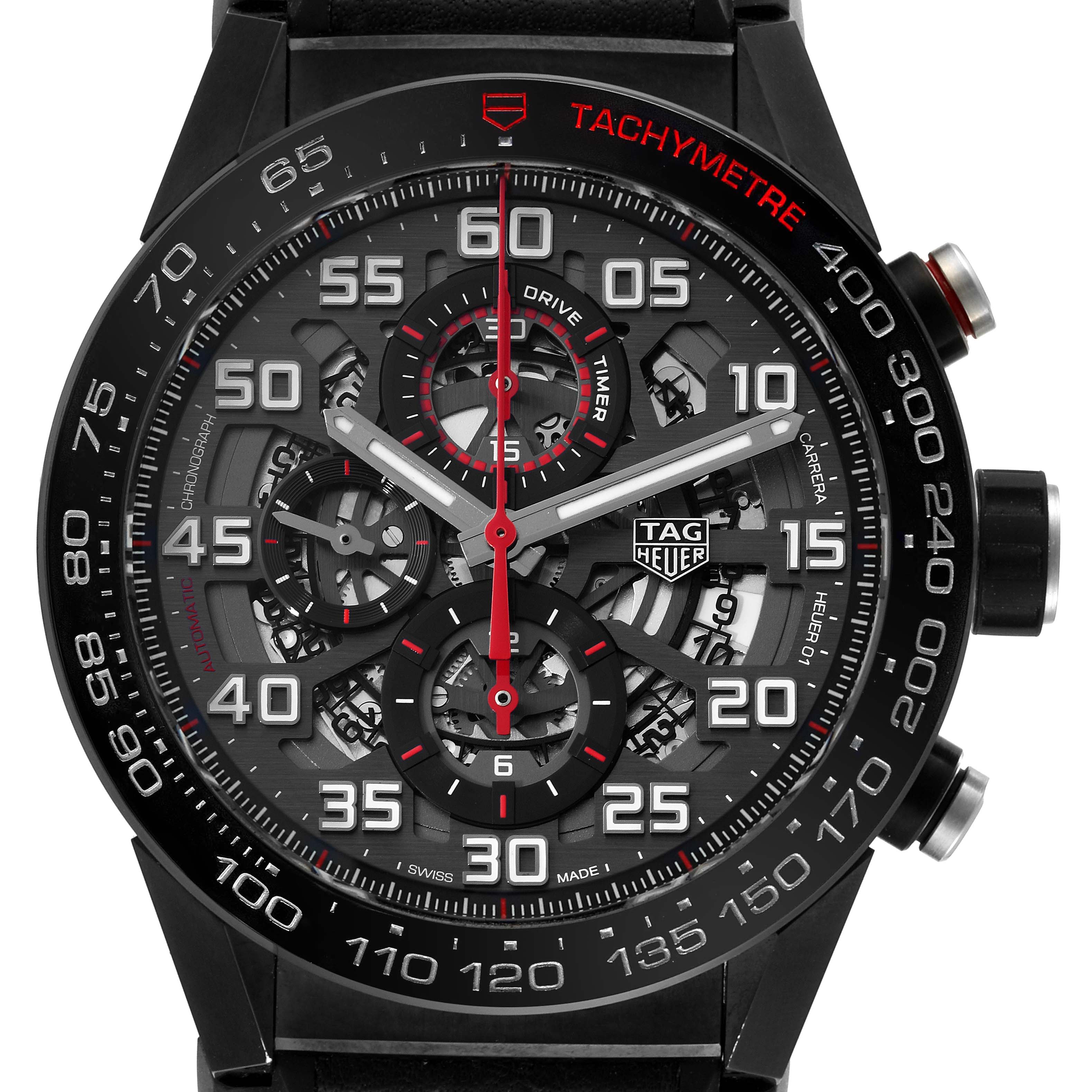 The image shows a front view of the Tag Heuer Carrera CAR2A1H.FT6101 Men's Stainless Steel Black Dial CAR2A1H.FT6101 Men's Stainless Steel Black Dial watch, highlighting the dial and tachymeter bezel.
