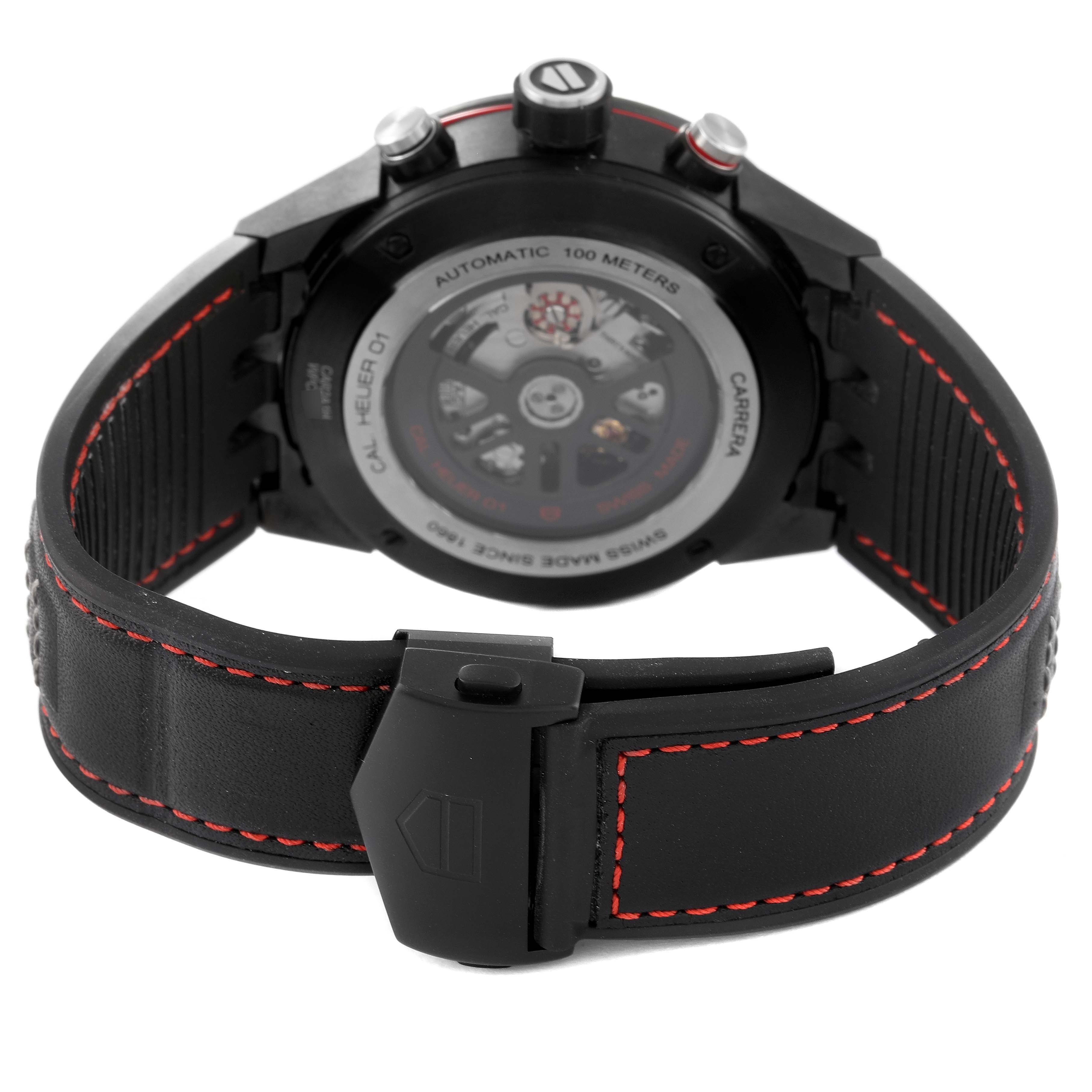 The image shows the back view of the Tag Heuer Carrera CAR2A1H.FT6101 Men's Stainless Steel Black Dial CAR2A1H.FT6101 Men's Stainless Steel Black Dial model watch, highlighting the movement and strap clasp.